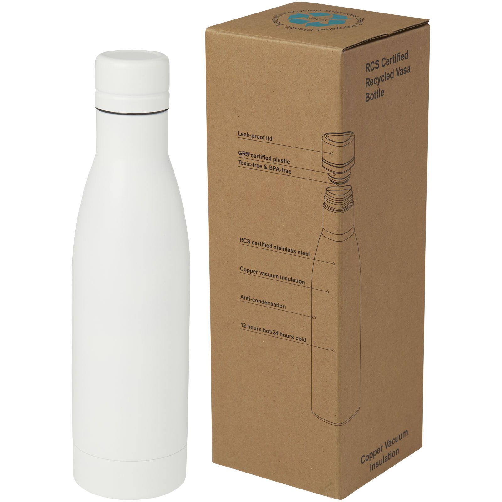 Vasa RCS-zertifizierte Kupfer-Vakuum Isolierflasche aus recyceltem Edelstahl, 500 ml - weiss-157