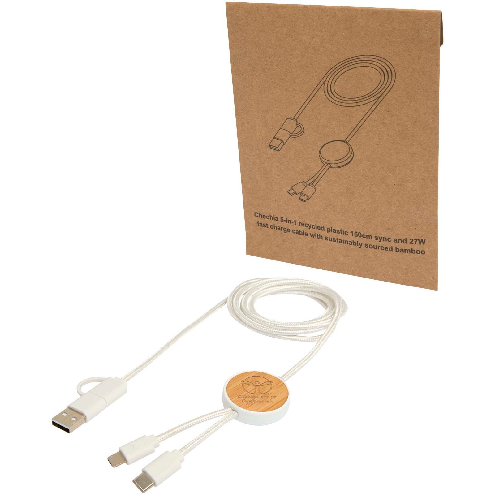 Chechia 150 cm 5-in-1 Kabel aus recyceltem Kunststoff für Datenübertragung und 27W Schnellladung mit Bambusdetails - weiss-566