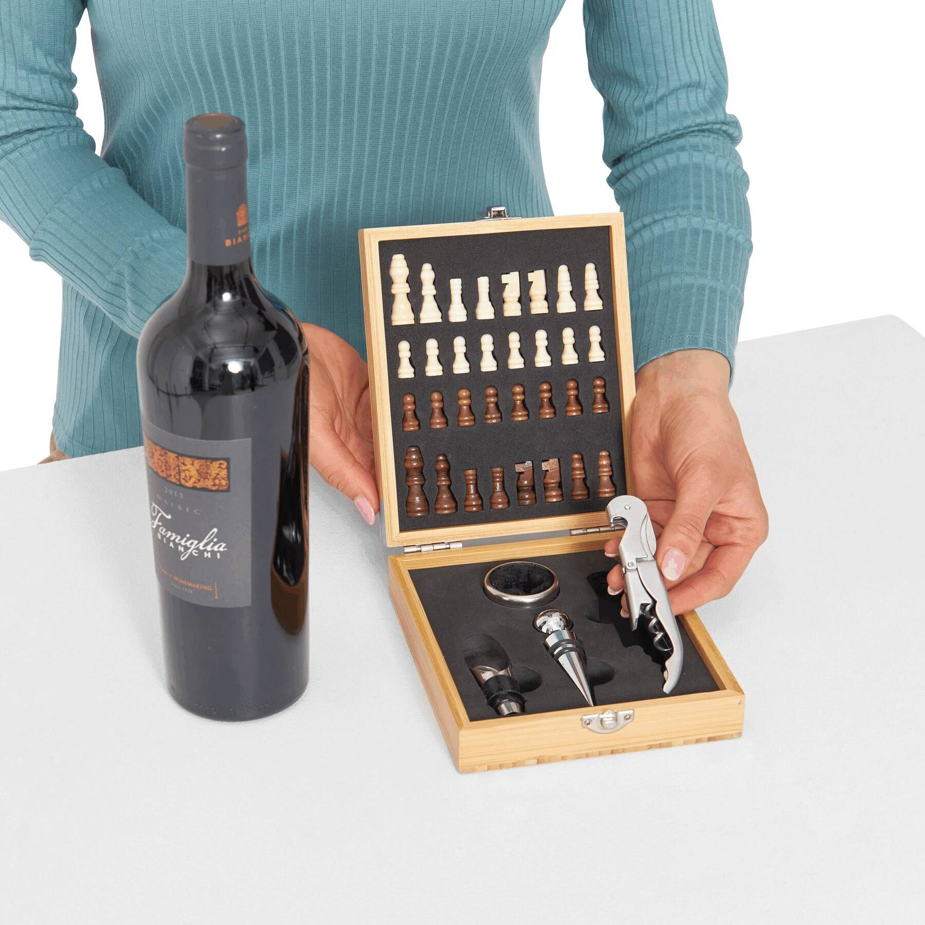 Weinset BAMBOO CHESS mit Schachspiel - braun-114