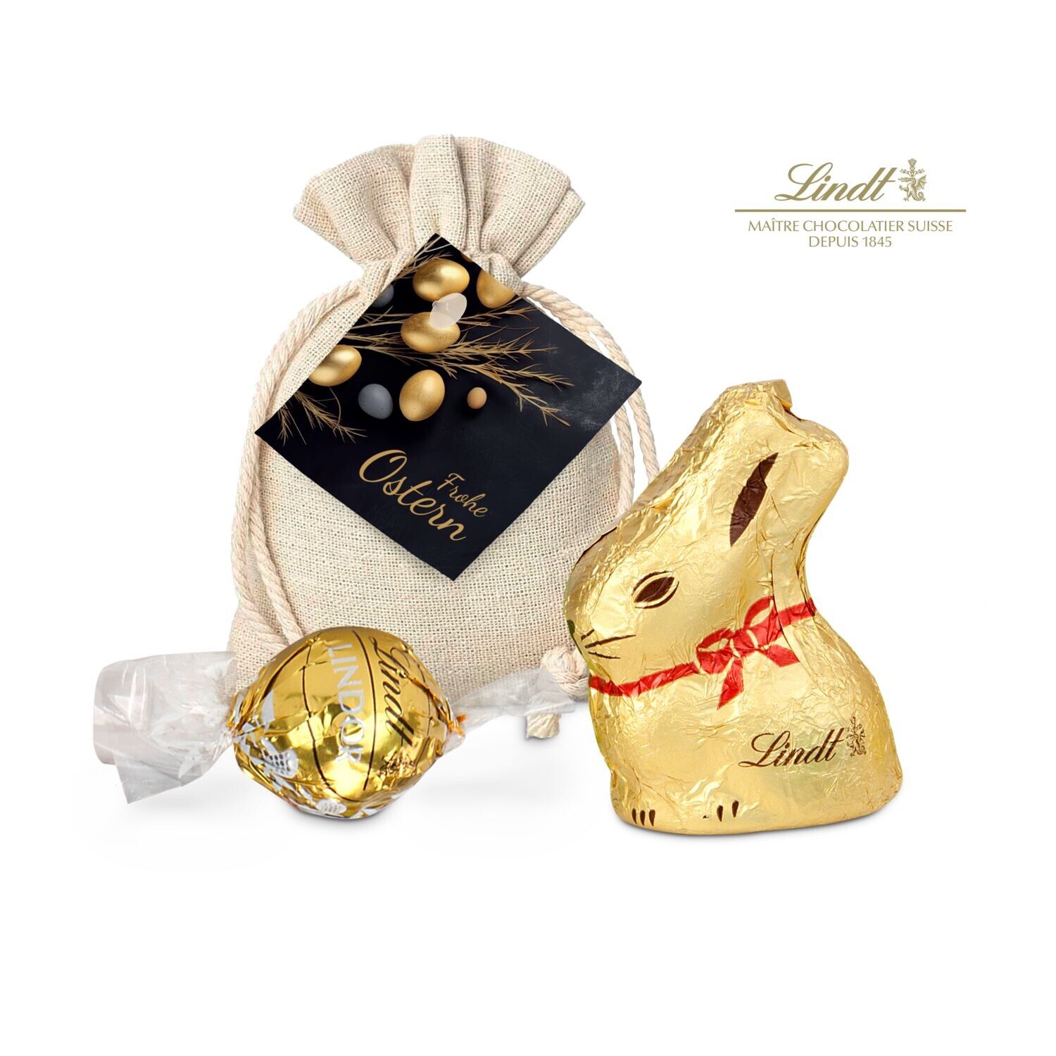 Goldenes Ostersäckchen mit Lindt Goldhase und Lindorkugel-389