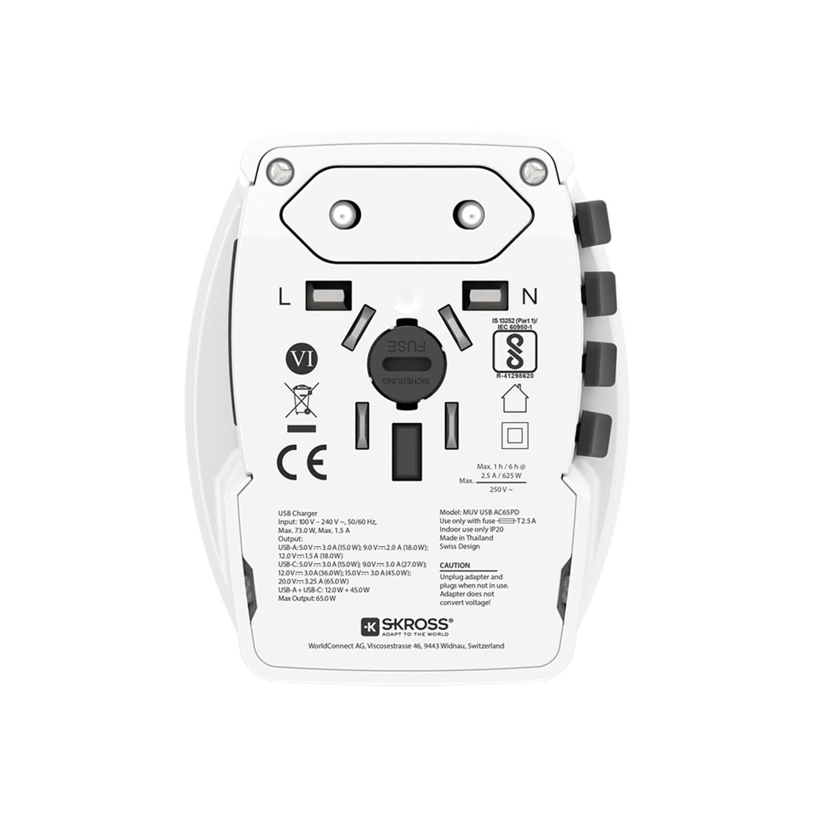 SKROSS MUV AC65PD Reiseadapter mit USB-C Kabel  - weiss-921