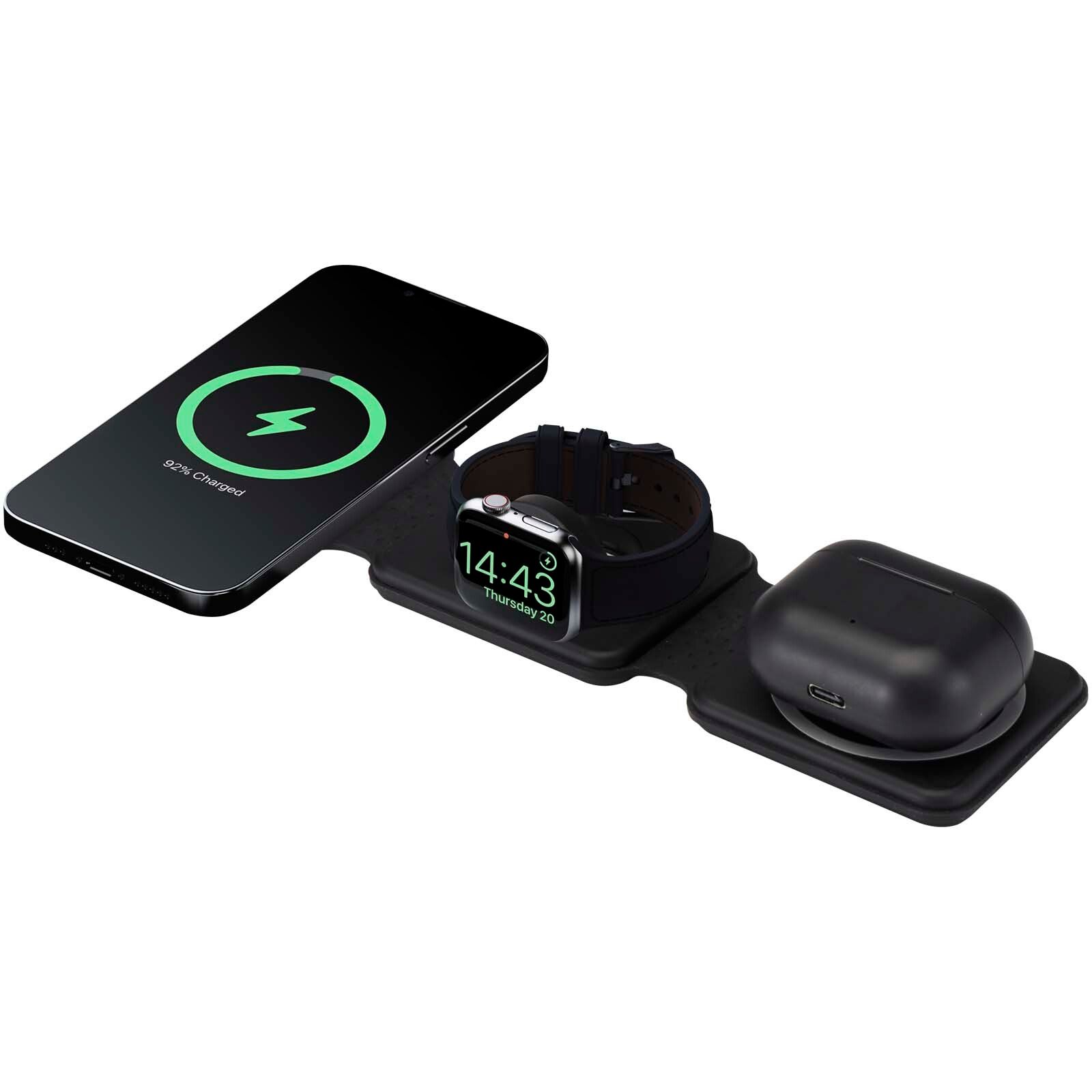 Armus 15 W 3-in-1 zusammenklappbares kabelloses Ladegerät aus recyceltem Kunststoff - schwarz-453