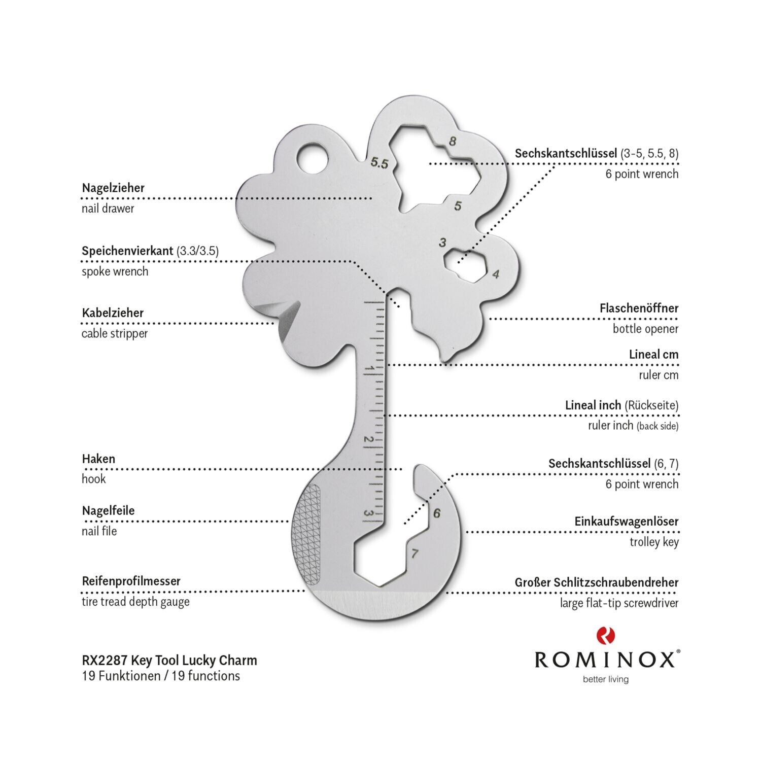 ROMINOX® Key Tool Lucky Charm - 19 functions (Kleeblatt Glücksbringer)-528