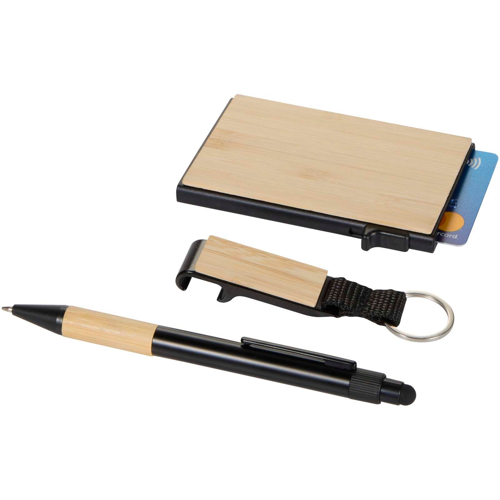 Minka Set mit Kugelschreiber aus RCS Recycling-Aluminium, Schlüsselanhänger und RFID-Kartenhalter - natur -  schwarz-802