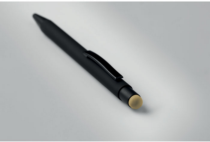 Ein schlichter und moderner schwarzer Touchpen Stift mit goldenem Touchpen wird präsentiert.