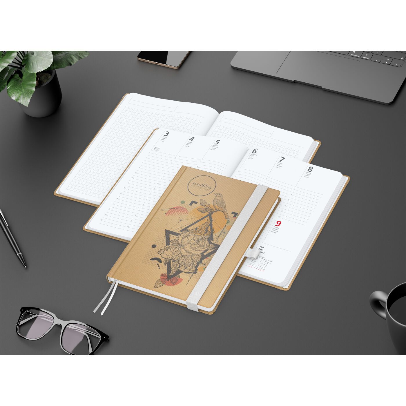 Wochenkalender vorne + Notizen hinten Match-Hybrid, A5, Naturpapier braun, weiß-497