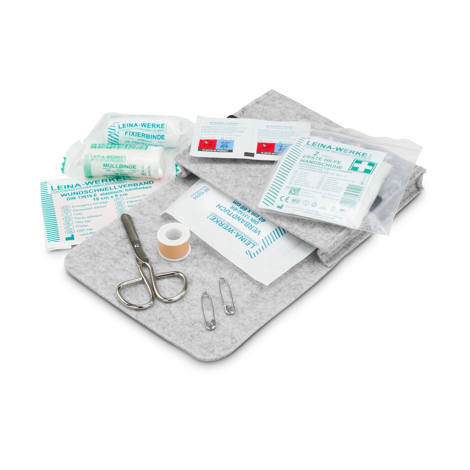 First Aid Kit in grauer Filztasche - Erste Hilfe Set, 12-teilig, deutsche Markenware - grau-205