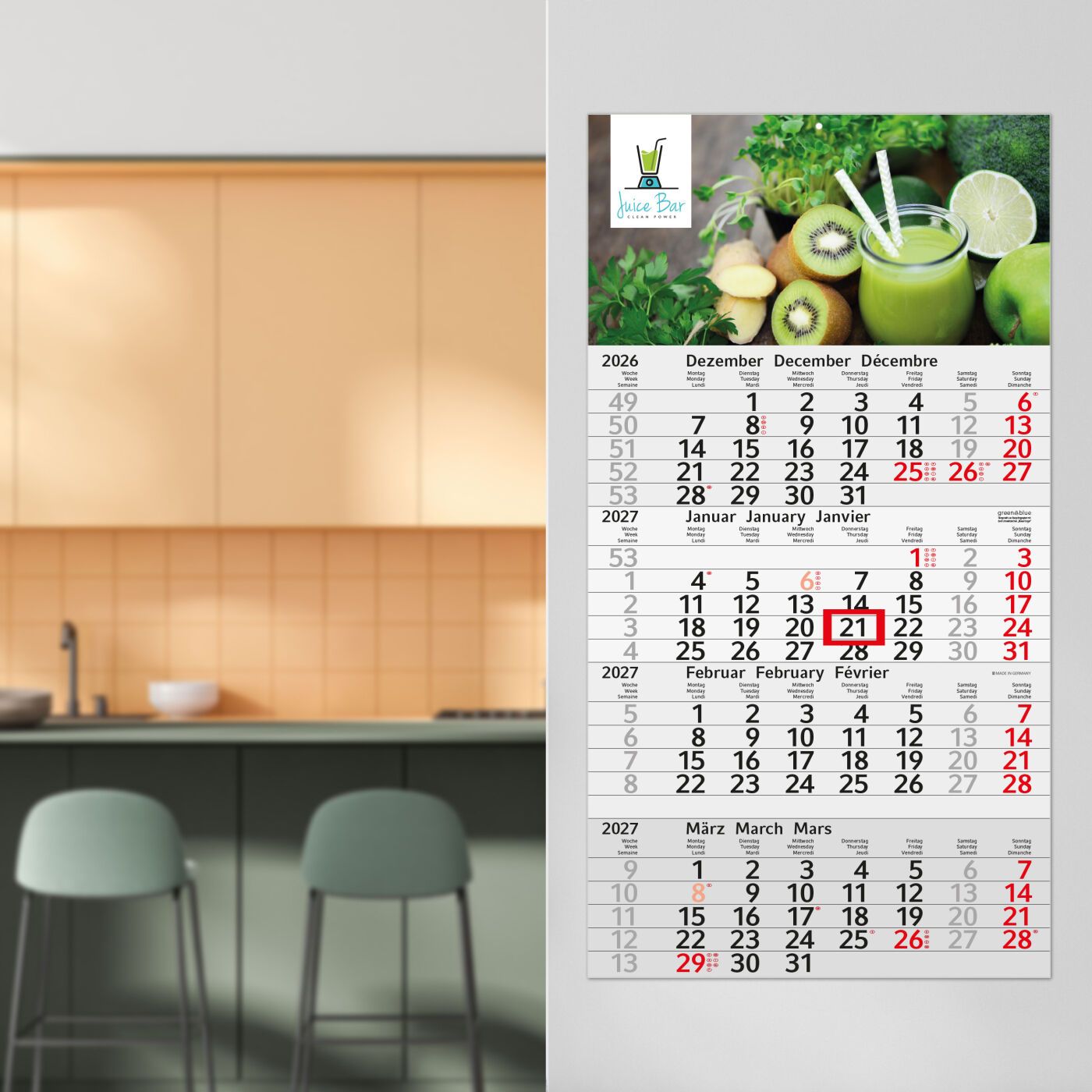 4-Monatskalender Einblatt Budget 4 RECYCLING, rot-595