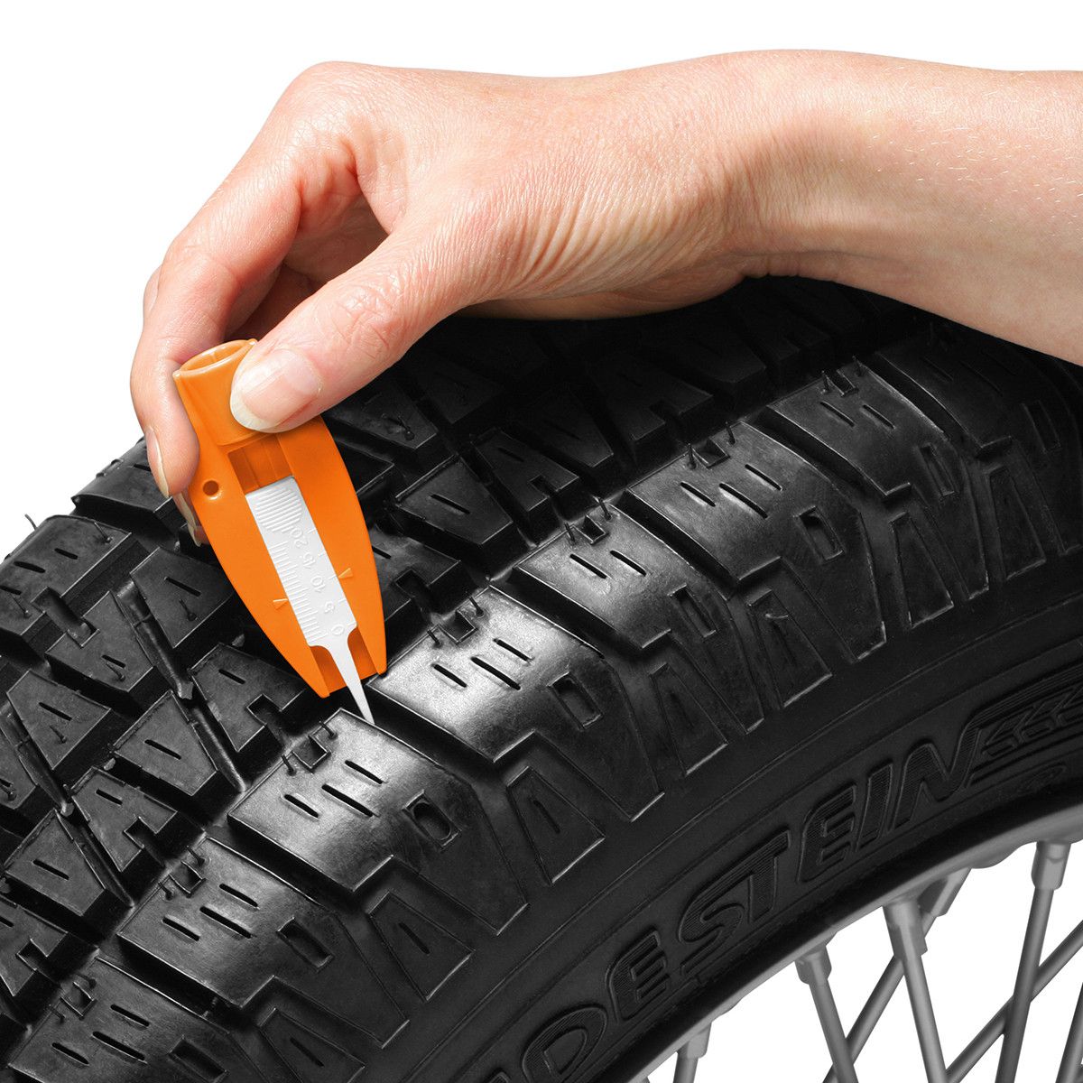 Reifenprofiltiefenmesser mit Ventilkappendreher - orange - weiß-139