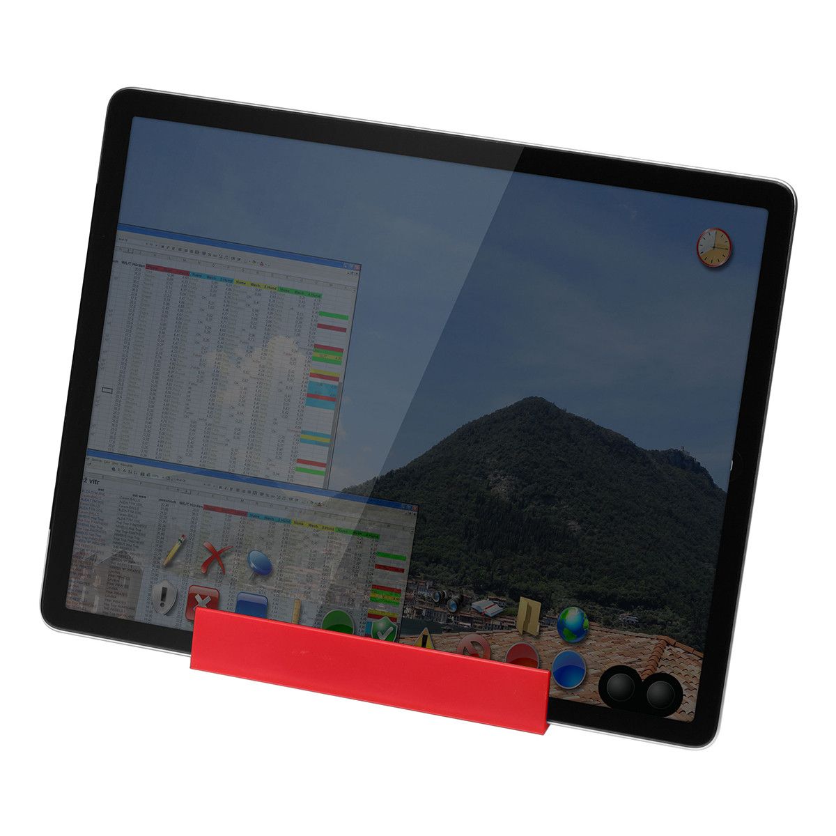 Smartphone-/Tabletständer mit Zettelbox und Köcher mit Kette - gefrostet glasklar - rot-671