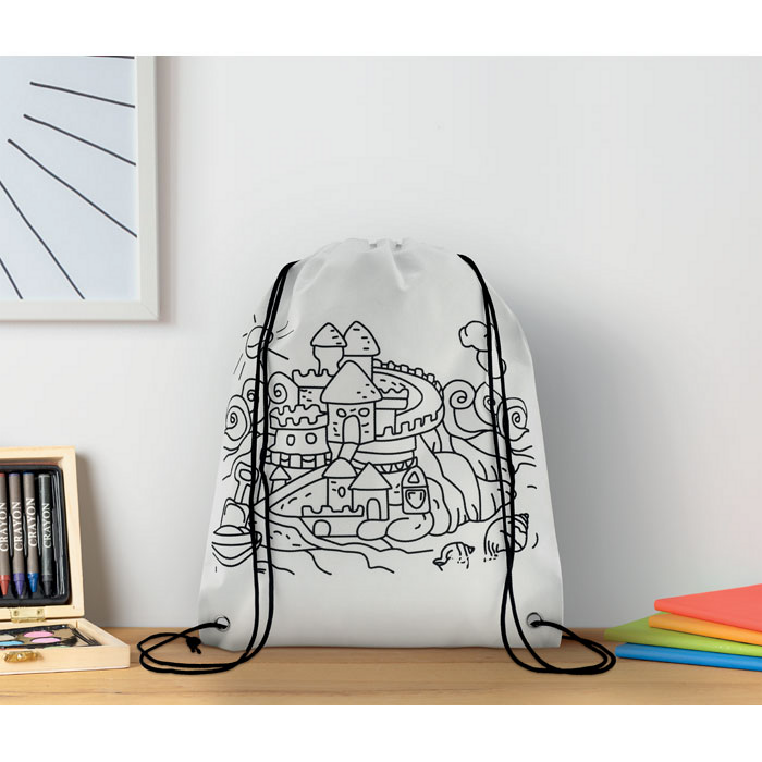 Ein weißer Beutel mit Ausmalmotiv kommt vor allem bei Kindergartenkinder sehr gut als Werbegeschenk an.