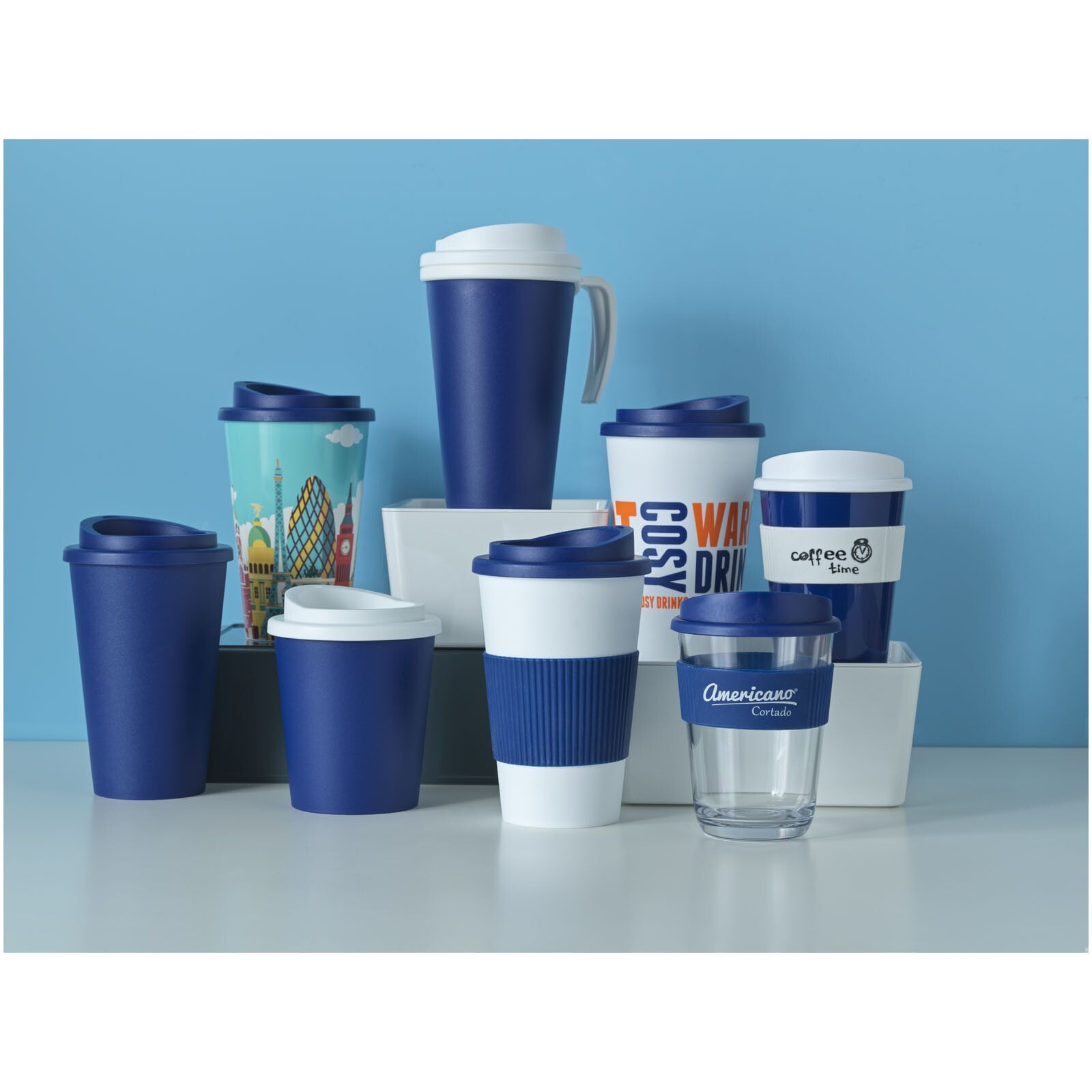 Americano 350 ml Isolierbecher mit Schutzring - blau -  weiss-546