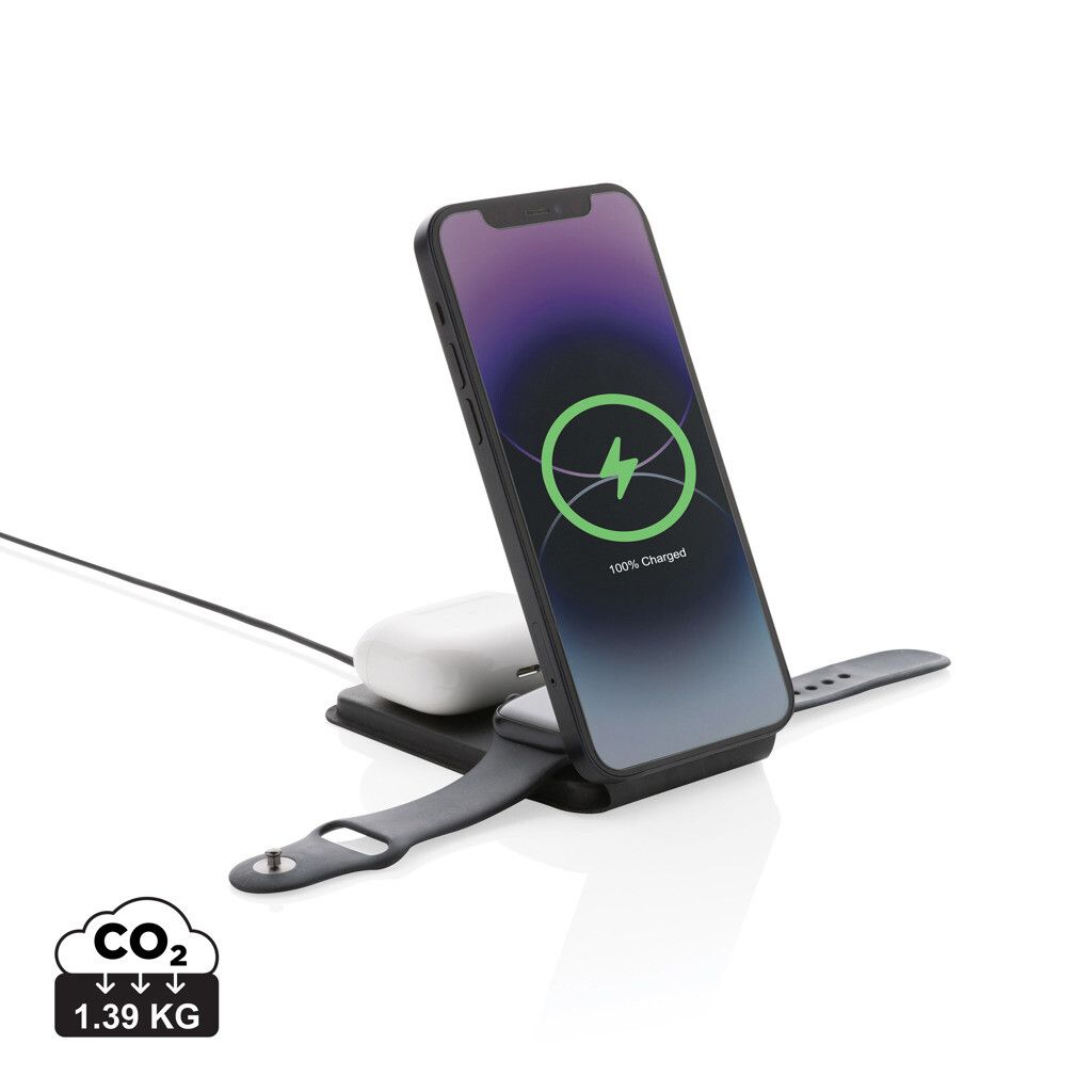 Swiss Peak 15W 3-in-1 magnetischer Wireles Charger aus rPU - schwarz-522