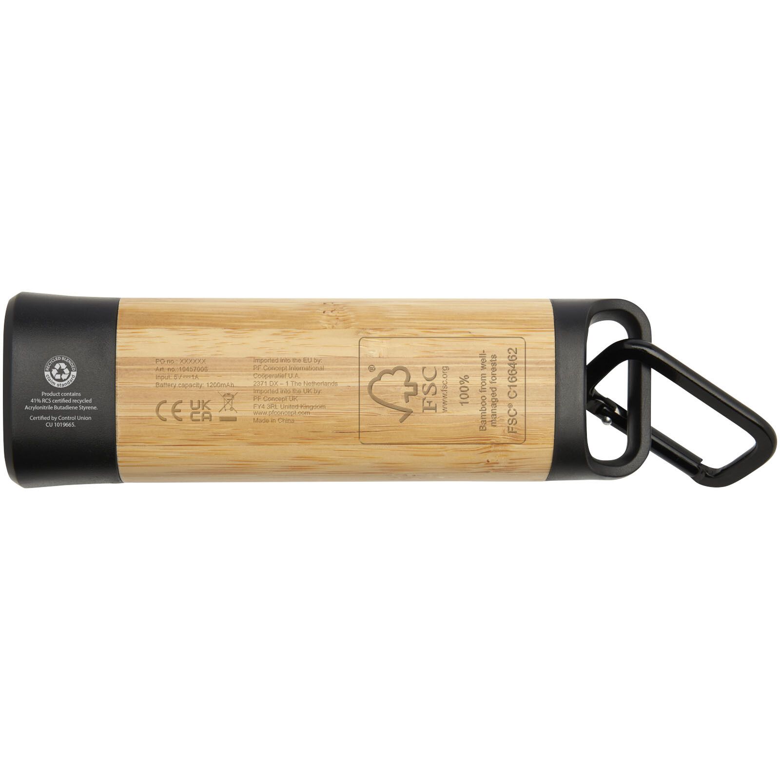Kuma Taschenlampe aus Bambus und recyceltem RCS Kunststoff mit Karabinerhaken - natur-467