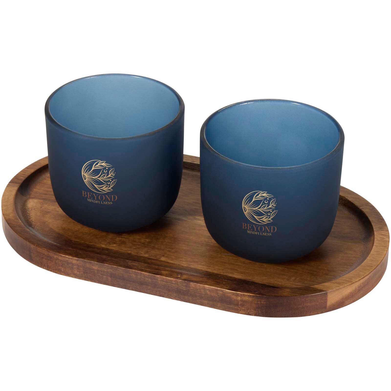 Male Set aus Holztablett und Glastassen - hale blau-484