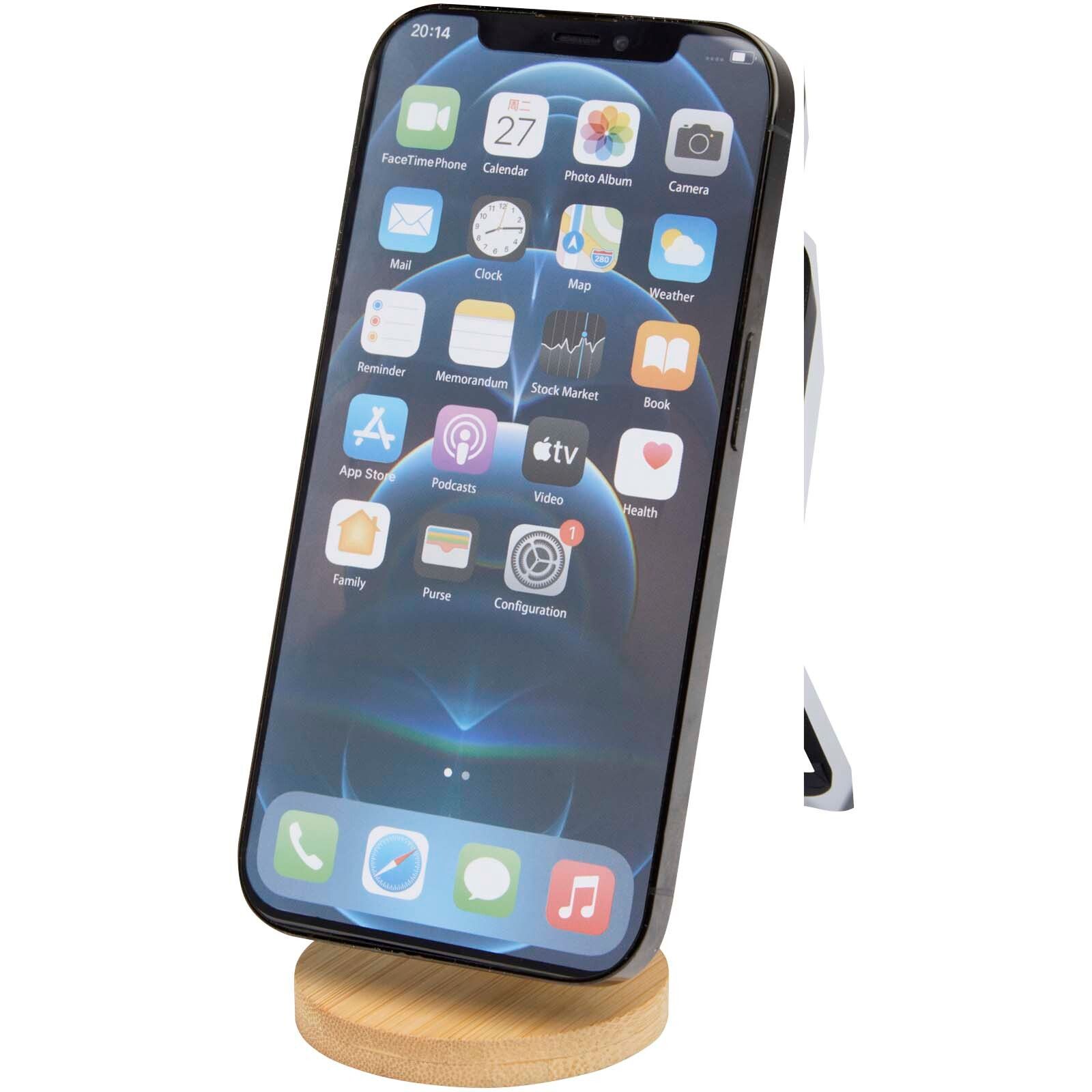 Alcor Klappbare magnetische Smartphonehalterung aus recyceltem Kunststoff mit Bambusdetails - weiss-206