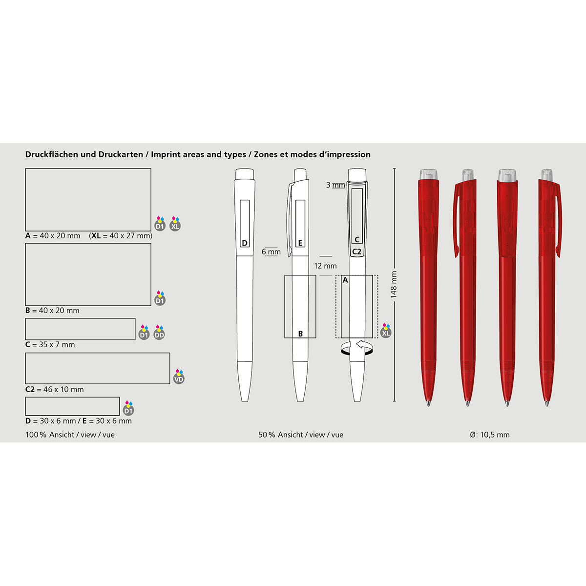 Druckkugelschreiber Zeno transparent - rot transparent-248