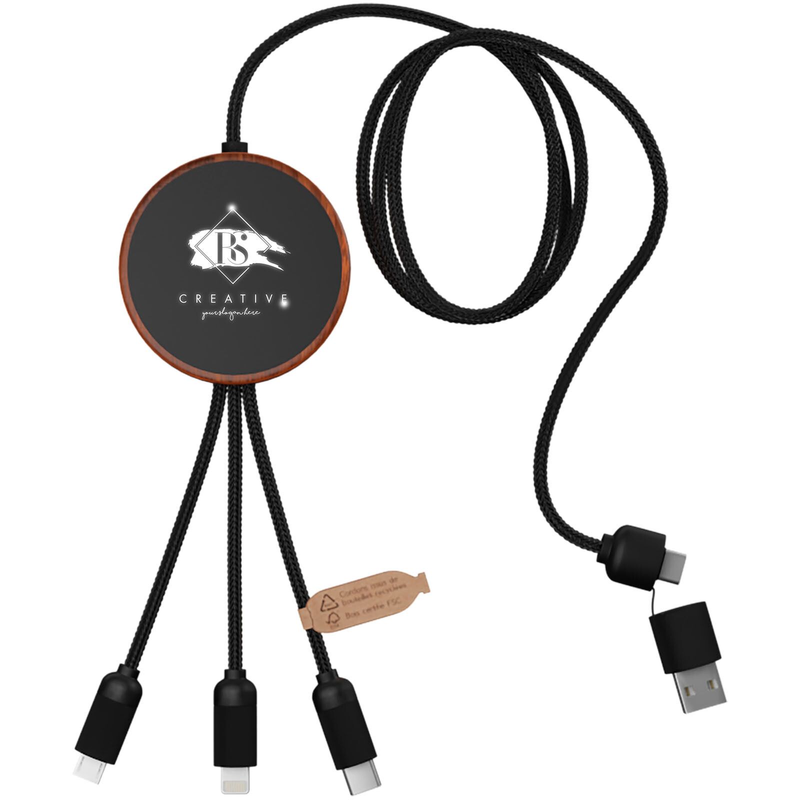 SCX.design C40 5-in-1 Ladekabel aus rPET mit 10W Ladepad und Leuchtlogo - holz-932