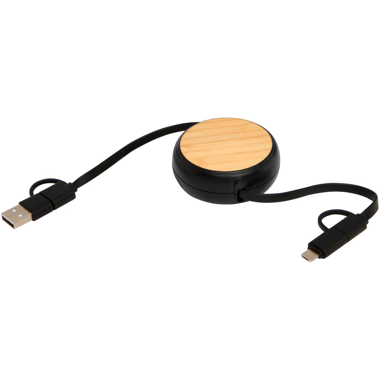 Chechia 100cm 5-in-1 Kabel aus recyceltem Kunststoff, einziehbar, für Datenübertragung und 45W Schnellladung mit Bambusdetails - schwarz-254