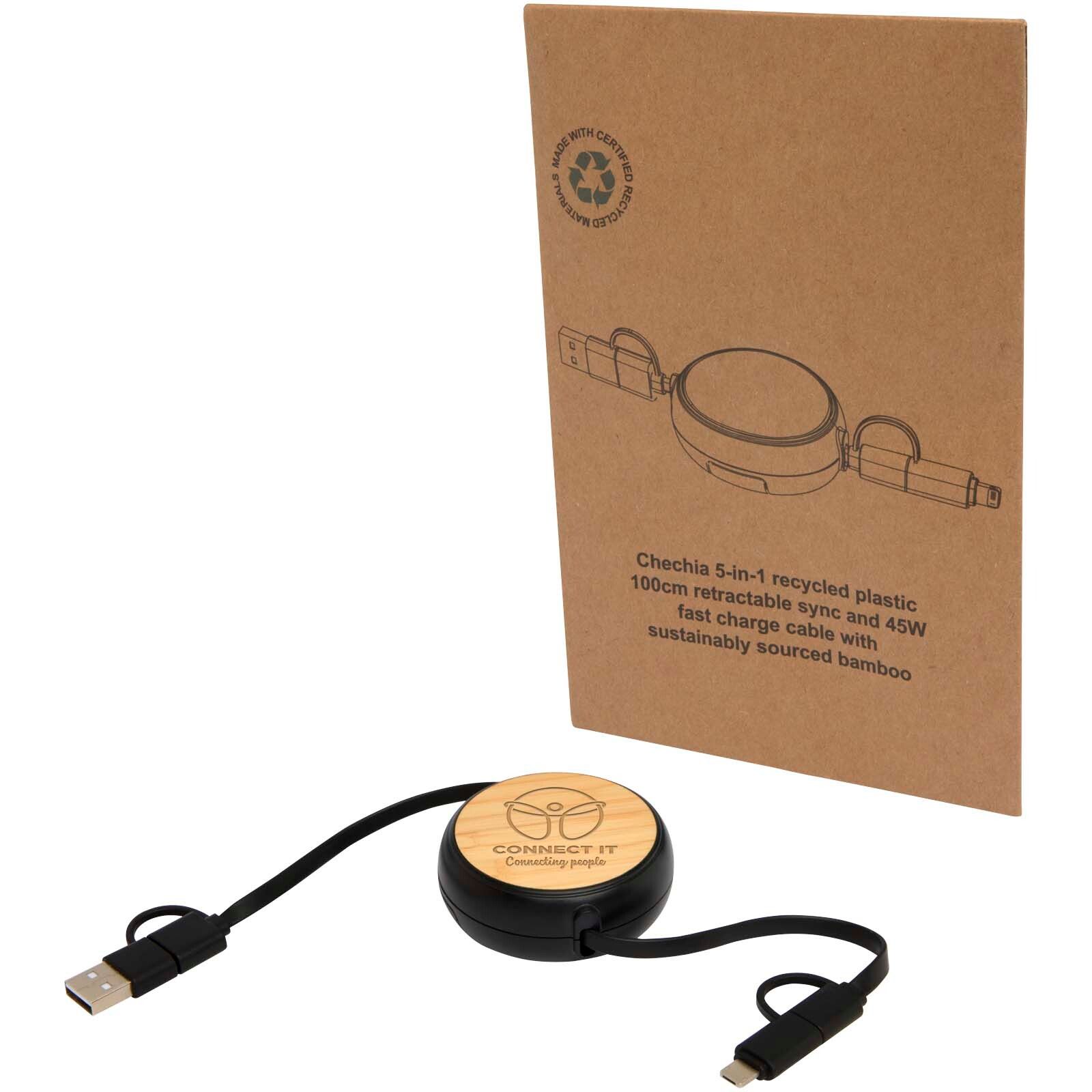 Chechia 100cm 5-in-1 Kabel aus recyceltem Kunststoff, einziehbar, für Datenübertragung und 45W Schnellladung mit Bambusdetails - schwarz-529