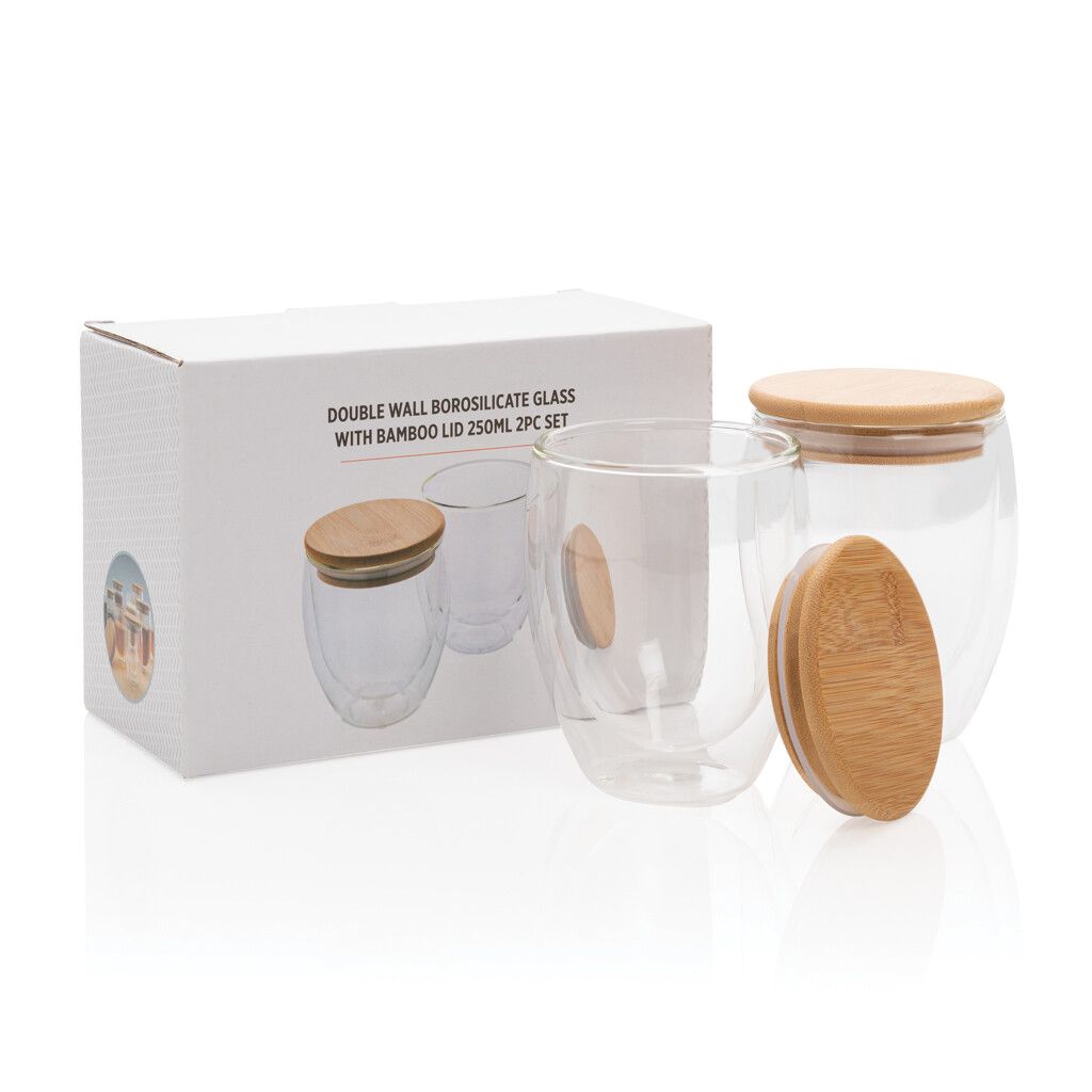 2-tlg Set Borosilikatgläser mit Bambusdeckel 250ml - transparent-502