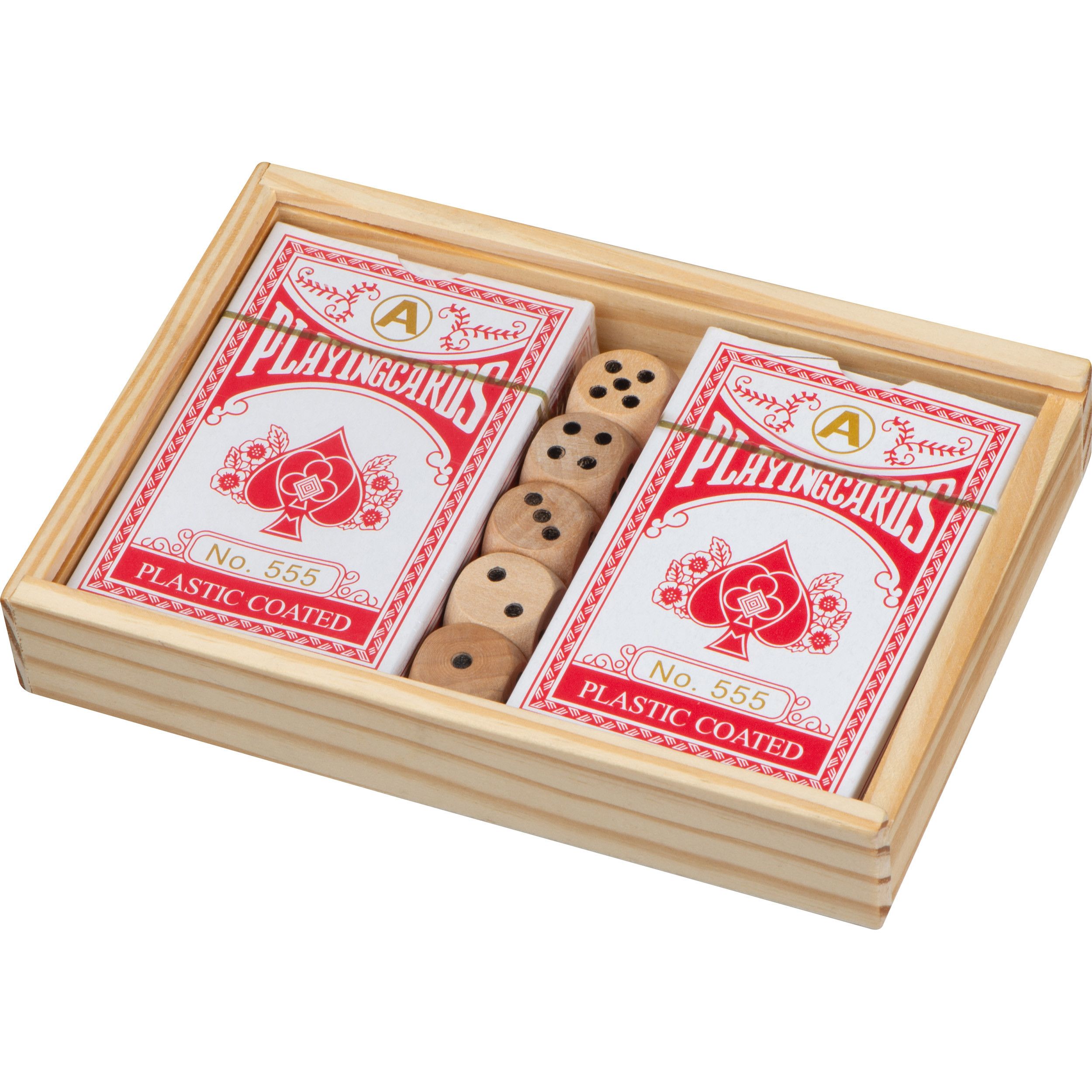Spielkarten in Holzbox mit Würfel - beige-446