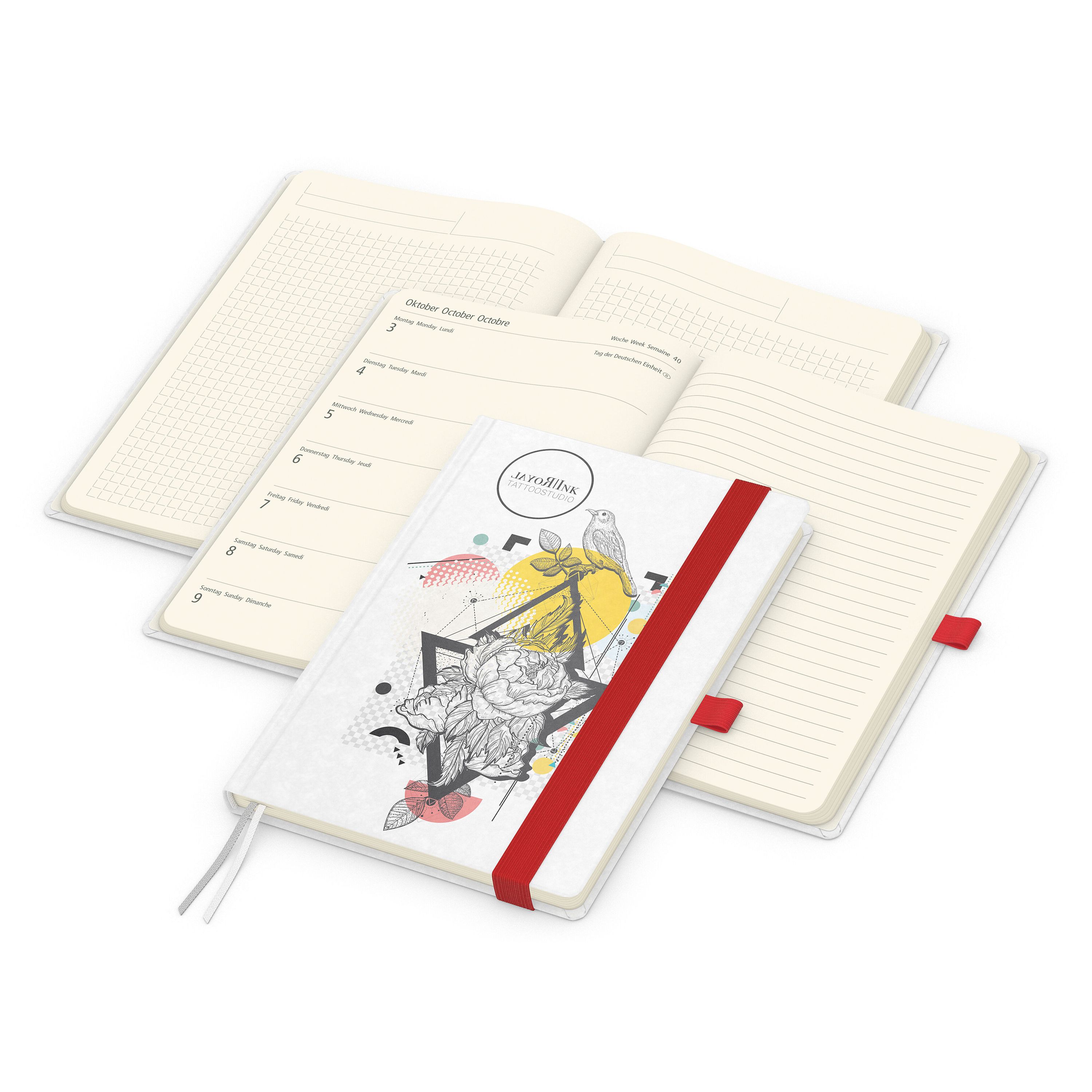 Wochenkalender links + Notizen rechts Match-Hybrid, Naturpapier weiß, rot-882