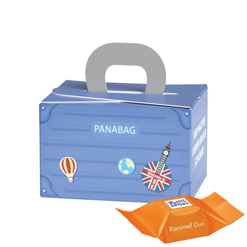 Geschenkbox Mini Koffer, Ritter SPORT Schokowürfel Karamell Dou-99