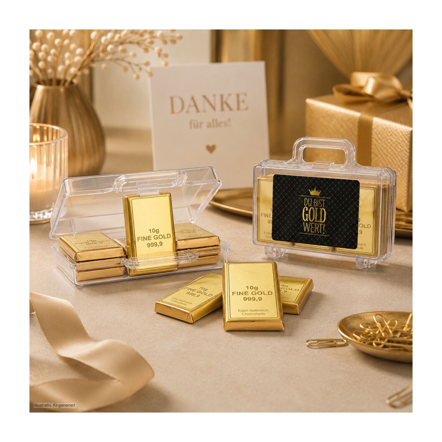 Du bist Gold wert - Goldkoffer mit 12 Goldbarren, Edelvollmilch-Schokolade (120 g)-483