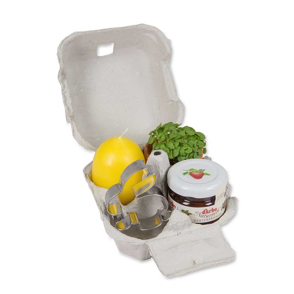 Das Gelbe vom Ei - mit Tontöpfchen, Eierkerze, Marmelade und Schokohase-704