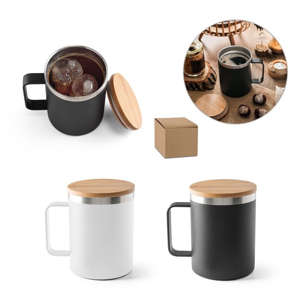 LAUDA Becher aus 90% recyceltem Edelstahl mit Bambusdeckel 420 mL - schwarz-455