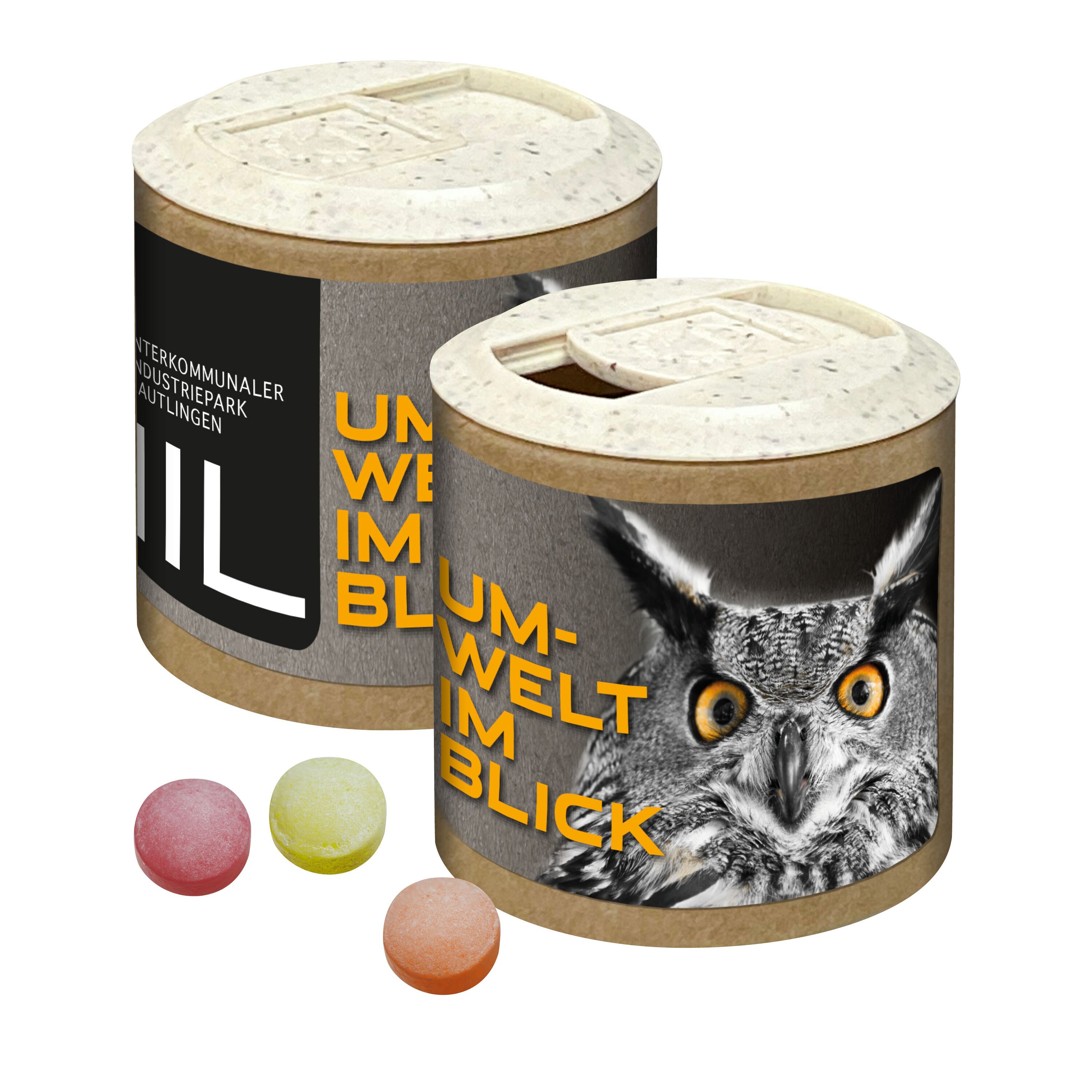 Papier-Werbedose mit XS-Kalfany-Fruchtbonbons, 85g-185