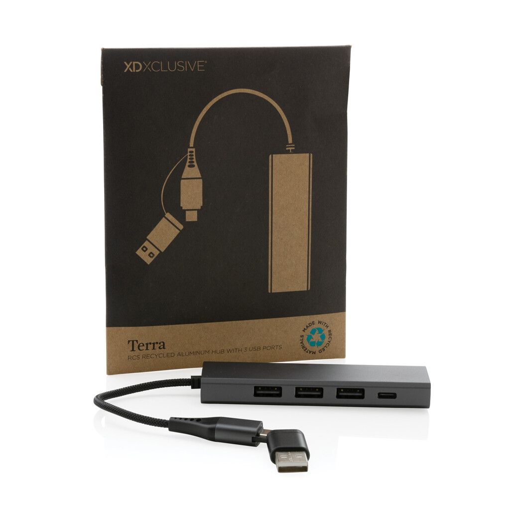 Terra Hub aus RCS recyceltem Aluminium mit 3 USB-Anschlüssen - grau-621