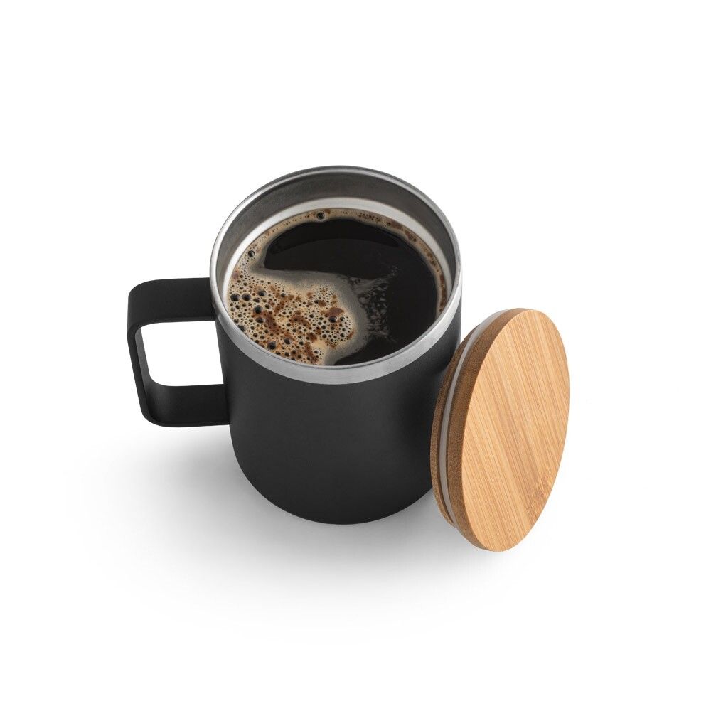 LAUDA Becher aus 90% recyceltem Edelstahl mit Bambusdeckel 420 mL - schwarz-221