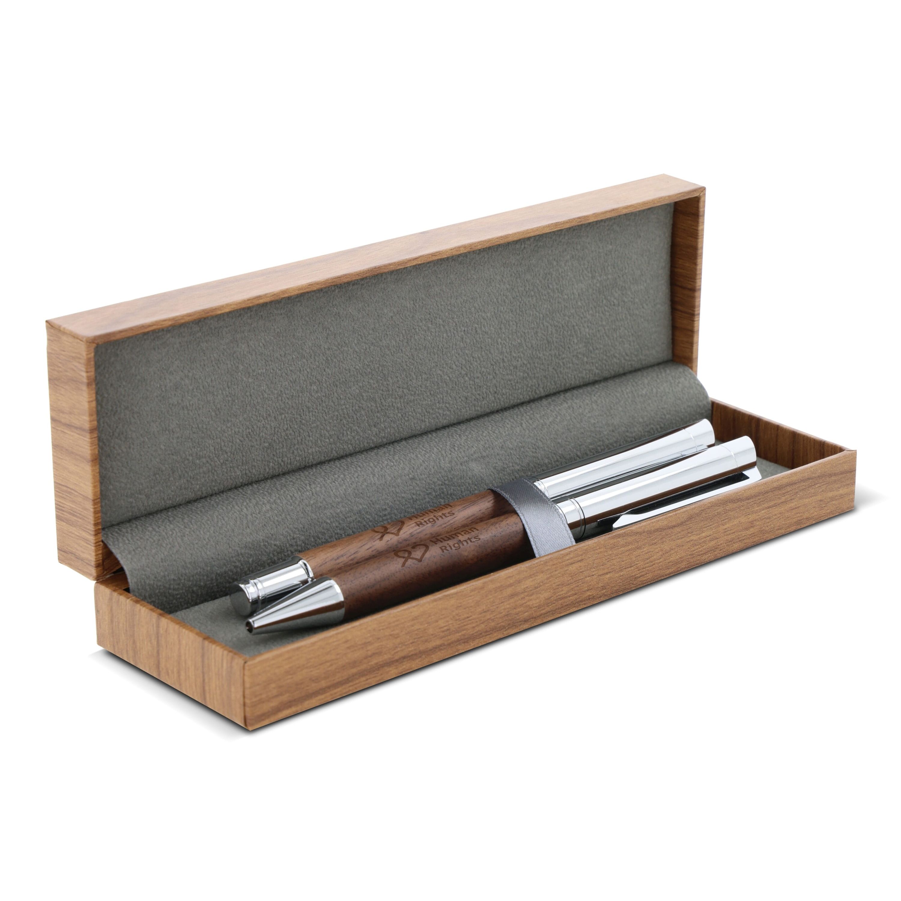 Set Kugelschreiber und Rollerball aus Metall Nussbaumholz in Geschenkbox - holz-574