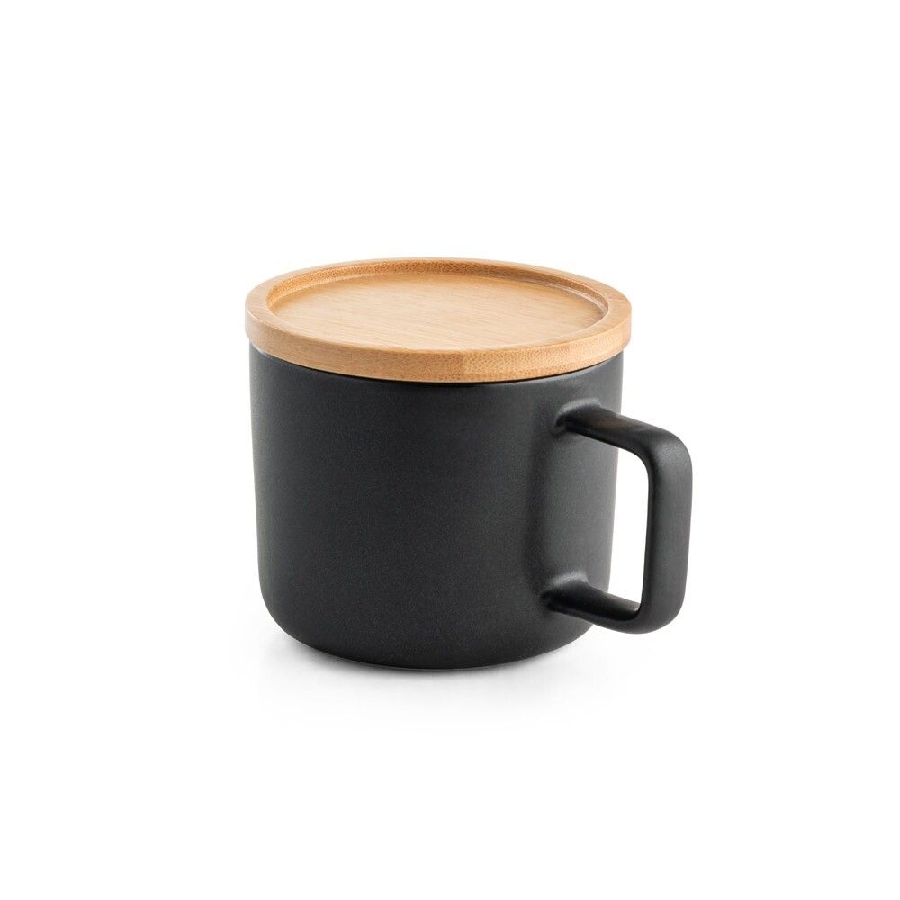 FANGIO Tasse Keramik 220ml mit Deckel aus Bambus als Untersetzer - schwarz-526