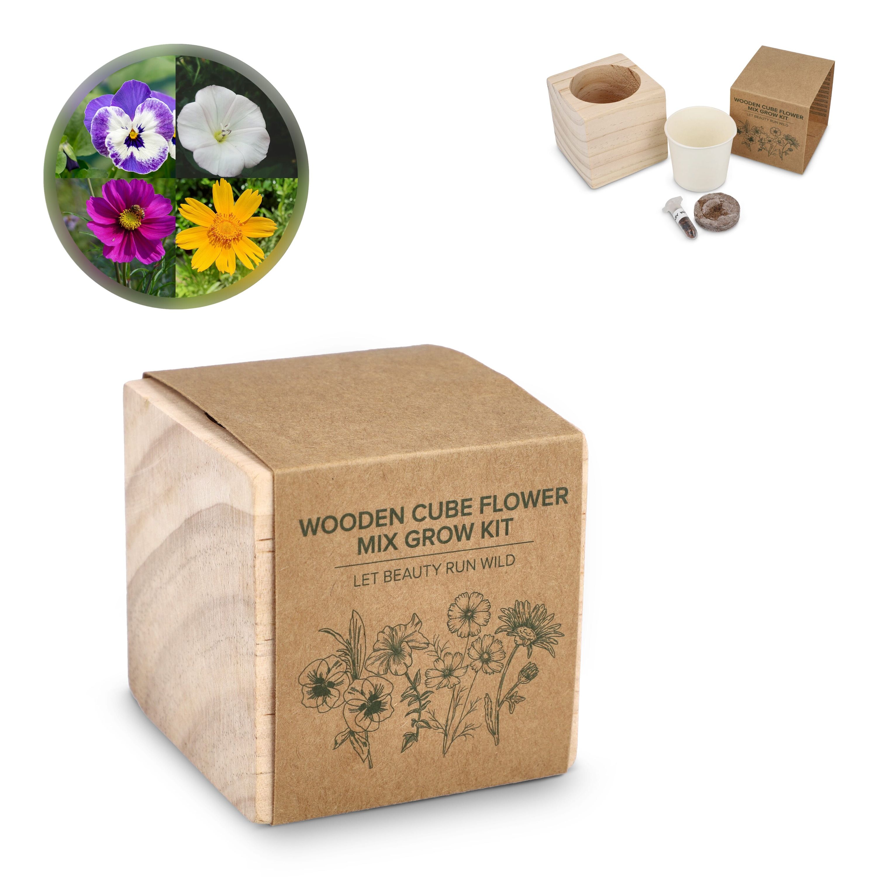 FSC-Holzpflanzgefäß-Set – Blumenmischung - natur-808