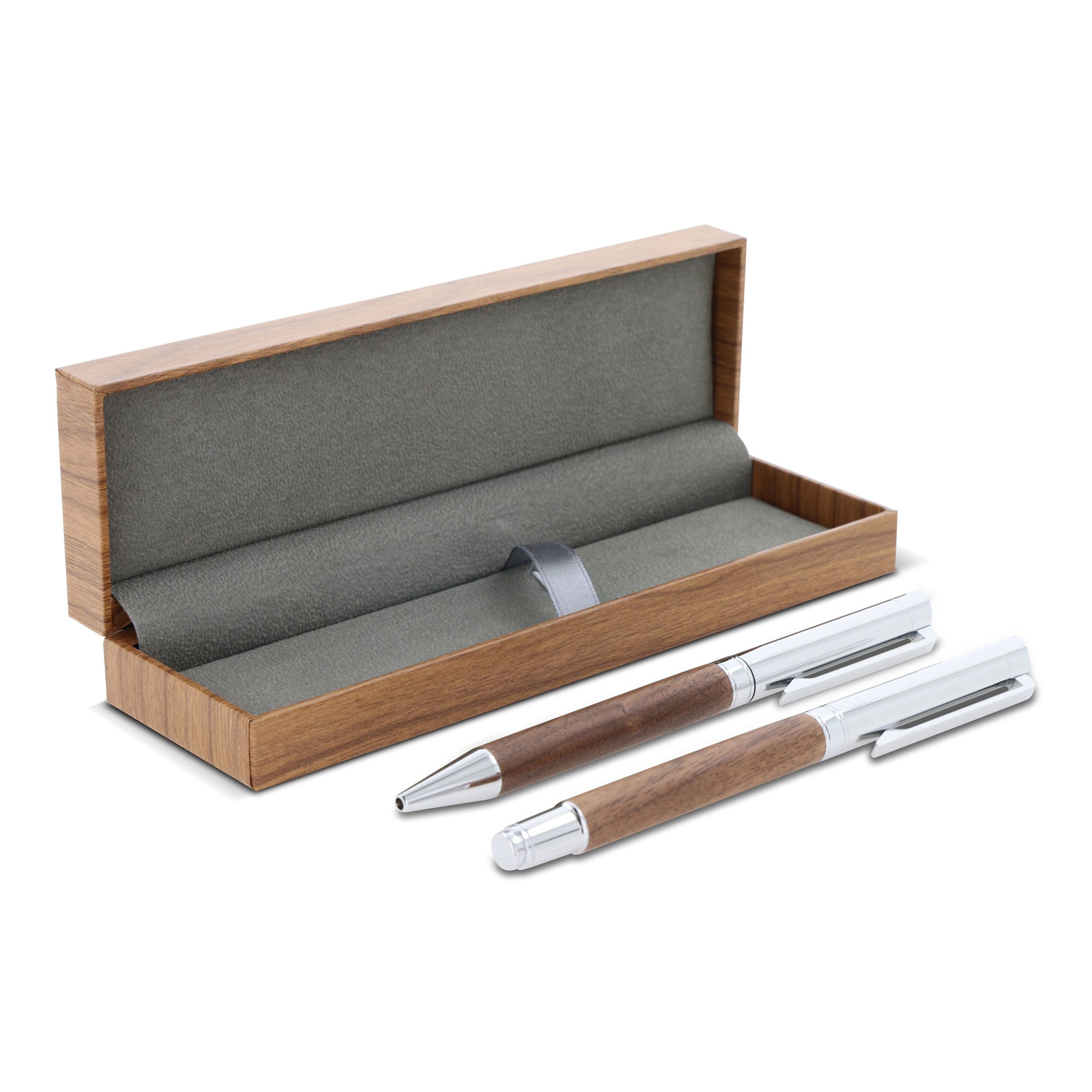 Set Kugelschreiber und Rollerball aus Metall Nussbaumholz in Geschenkbox - holz-857