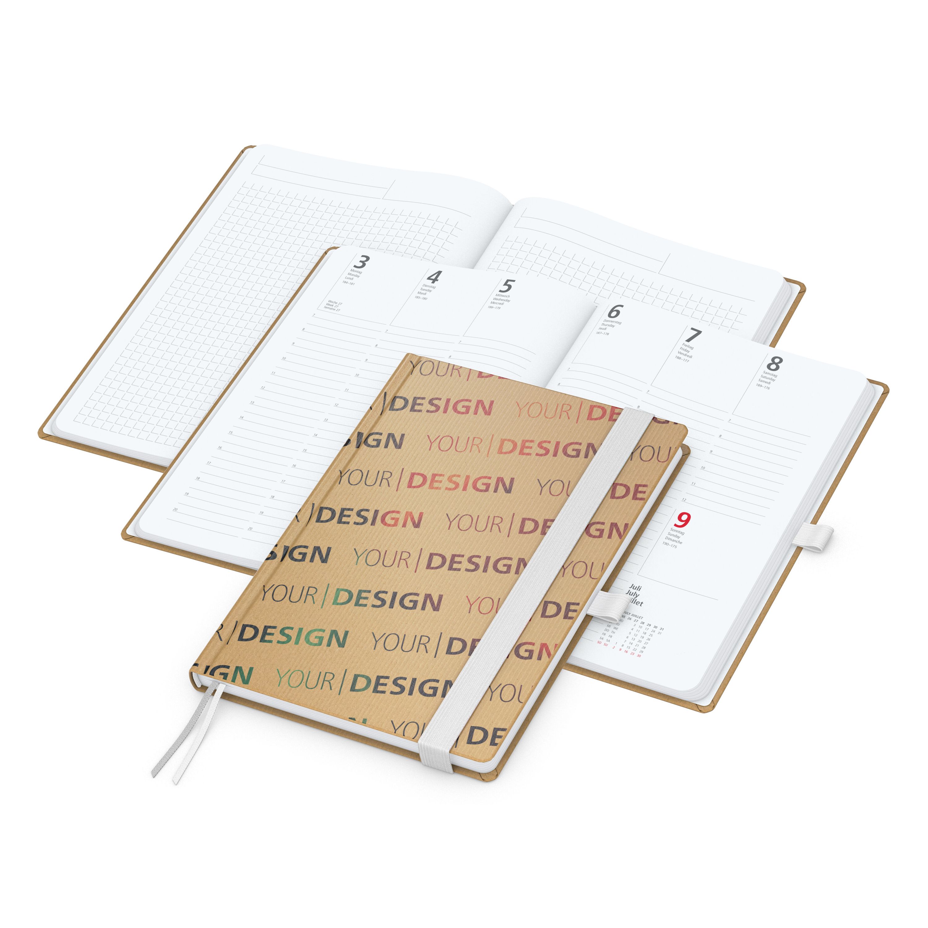 Wochenkalender vorne + Notizen hinten Match-Hybrid, A5, Naturpapier braun, weiß-596