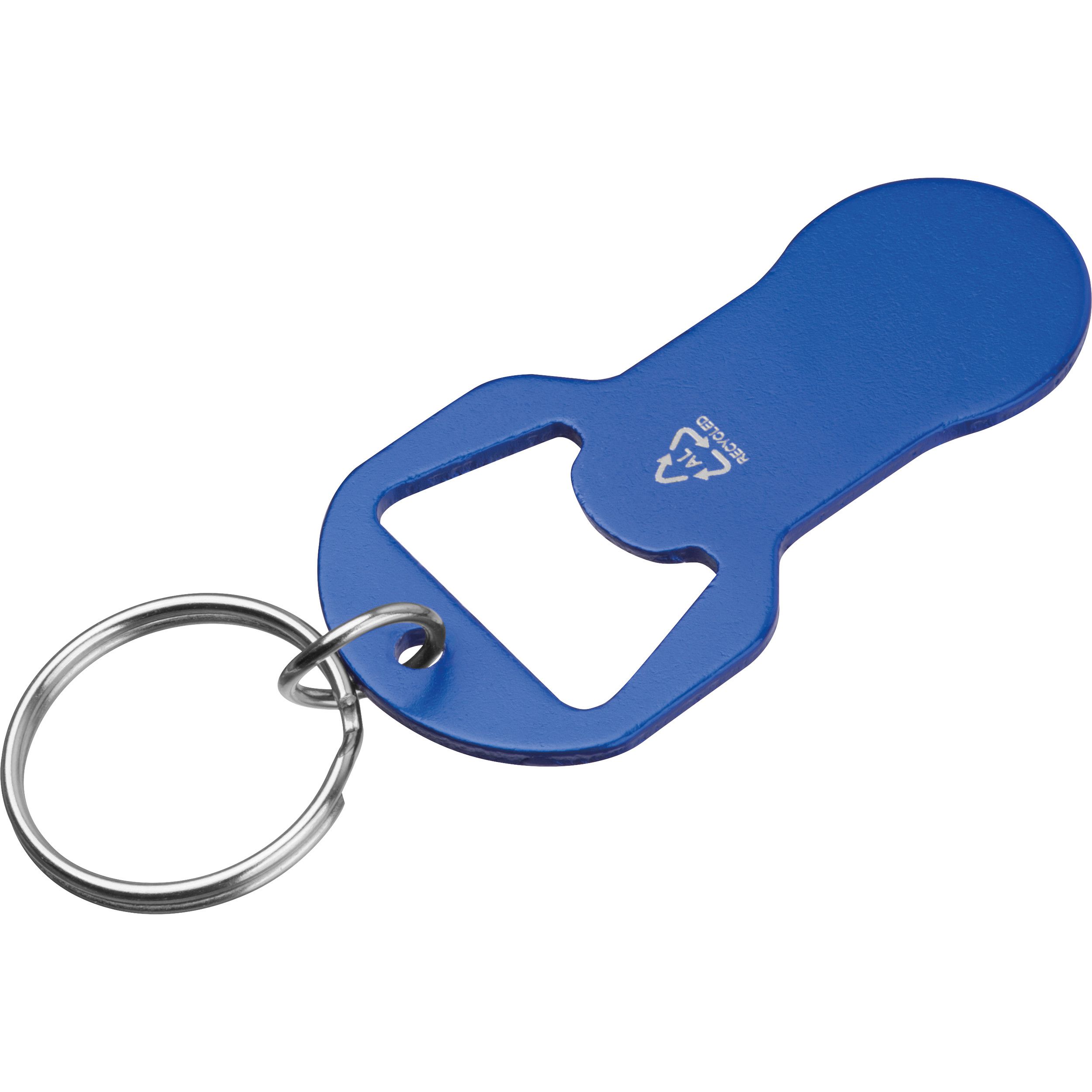 Recycelter Alu Schlüsselanhänger mit Einkaufswagenlöser und Flaschenöffner OLIVER  - blau-341