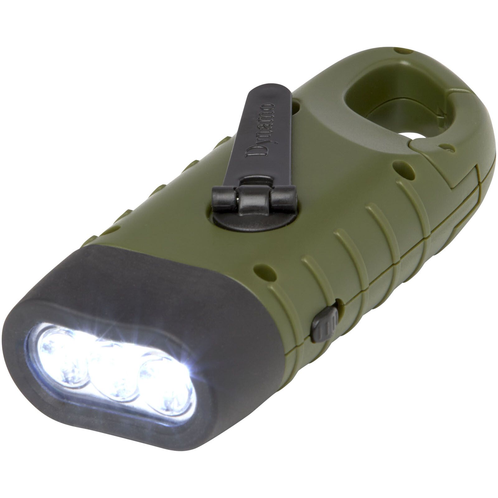 Helios Solar-Dynamo-Taschenlampe aus recyceltem Kunststoff mit Karabinerhaken - armeegrün-184