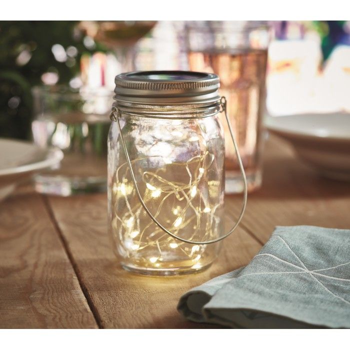 Dekoleuchte als Werbeartikel, ein Glas mit Solar LED-Lichter.