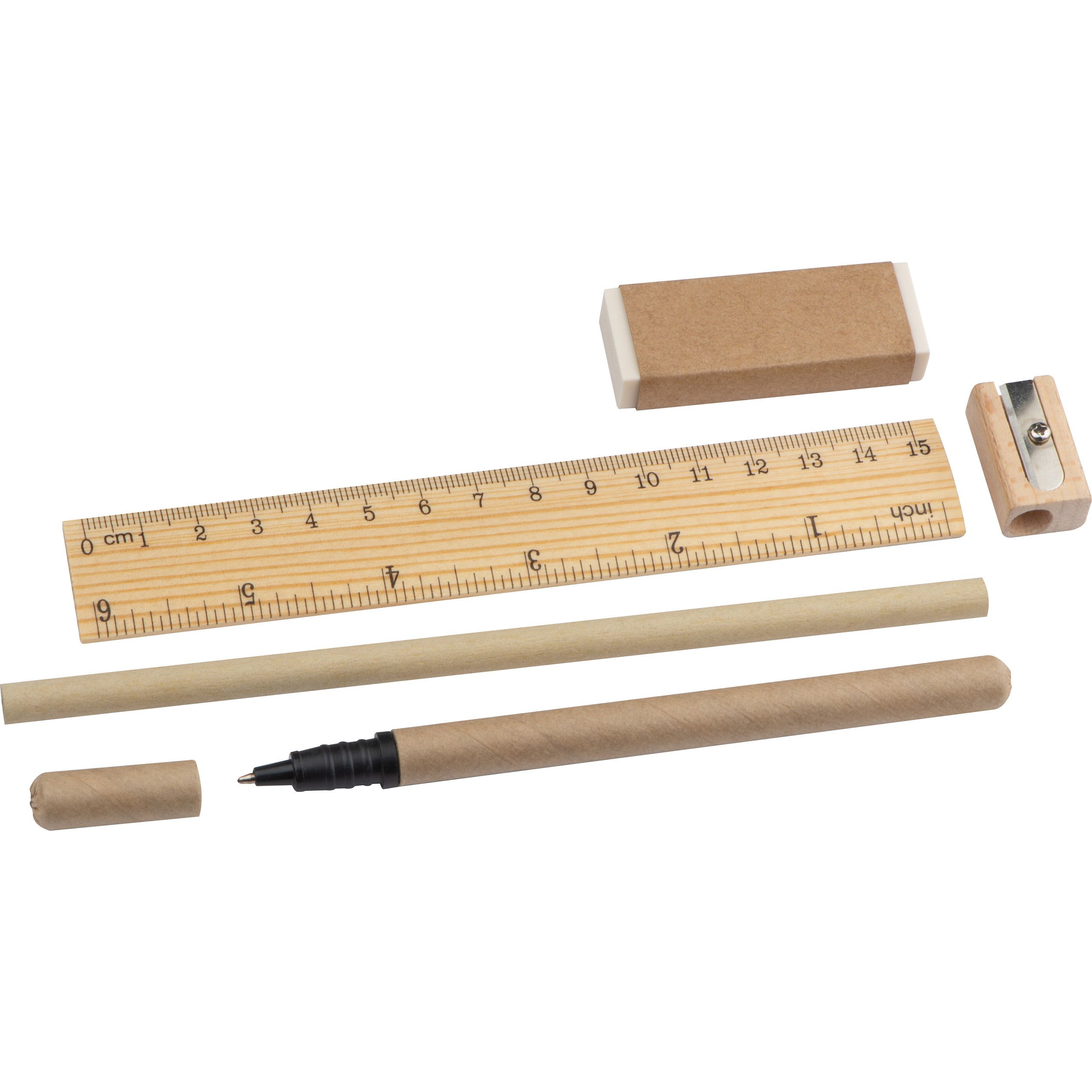 Schreibset mit Lineal, Radiergummi, Spitzer, Bleistift und Rollerball - beige-827
