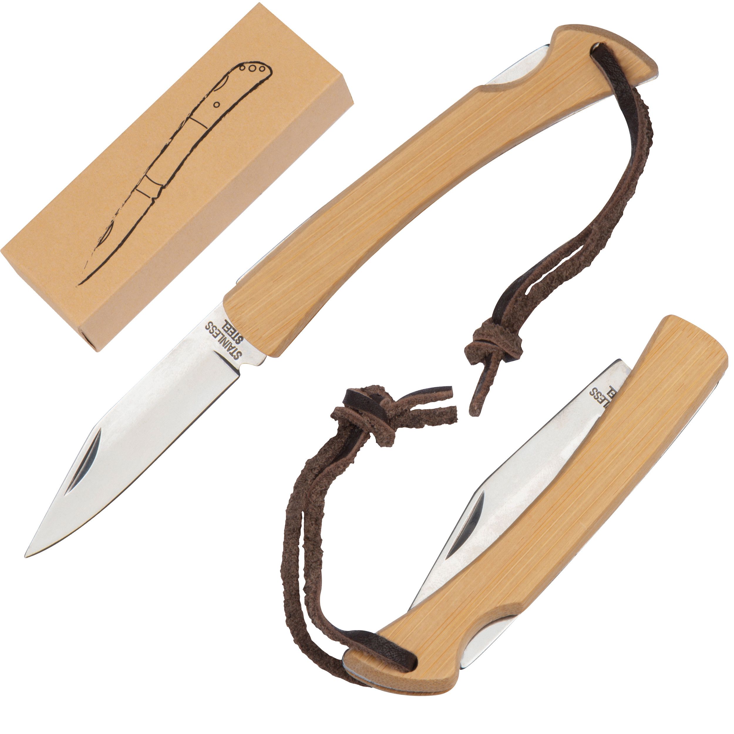 Taschenmesser mit Bambusschalen und Aufhängeschlaufe - beige-914