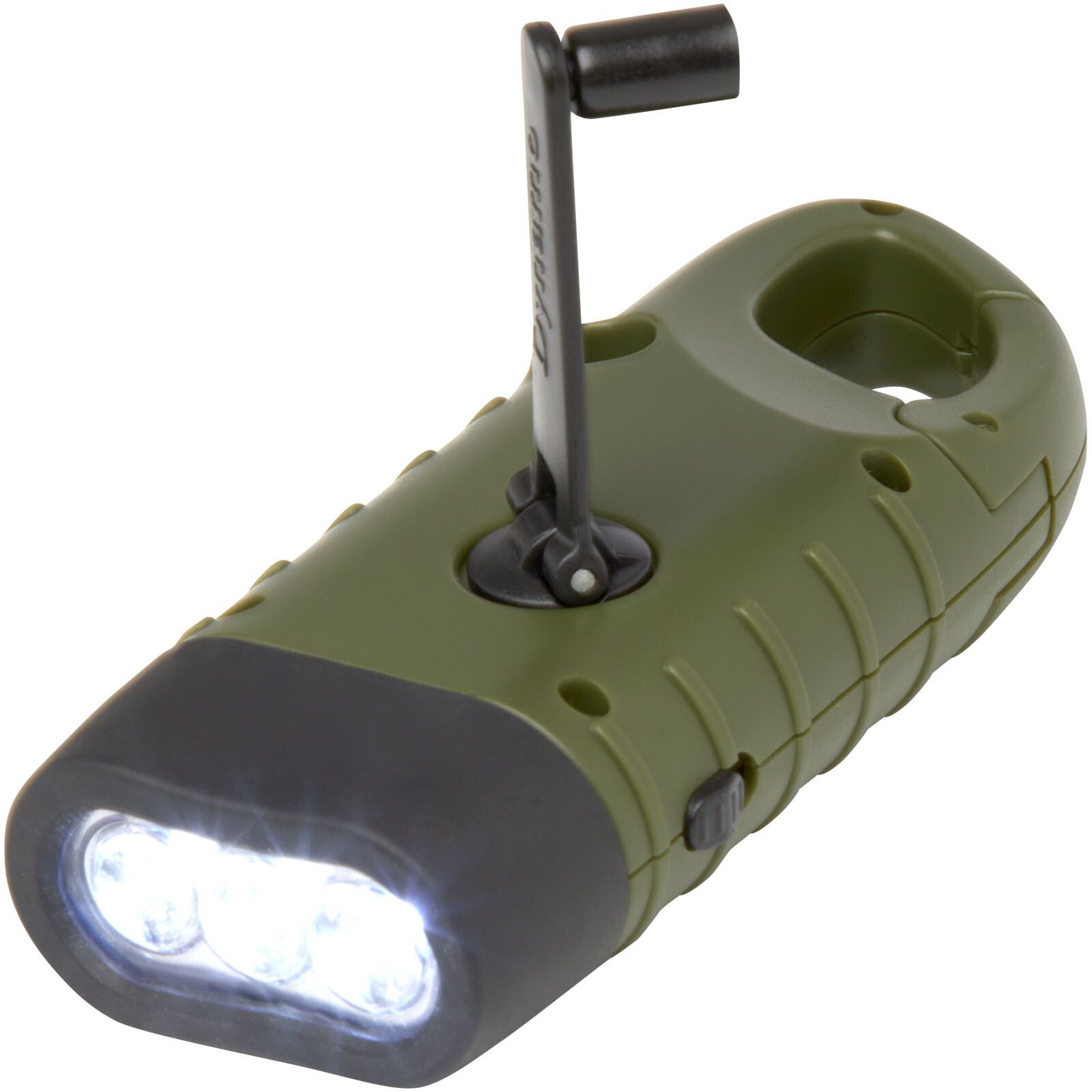 Helios Solar-Dynamo-Taschenlampe aus recyceltem Kunststoff mit Karabinerhaken - armeegrün-835