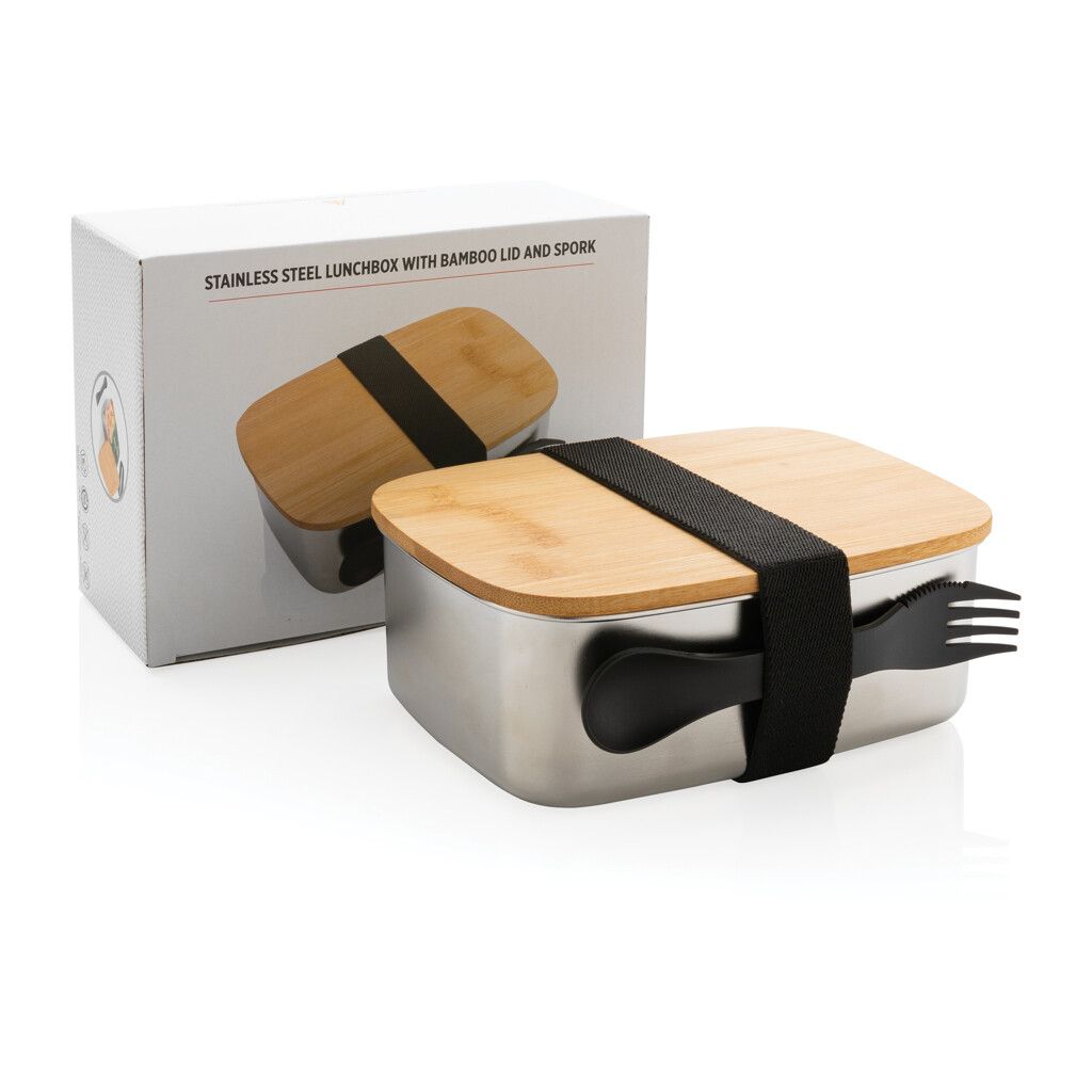 Stainless Steel Lunchbox mit Bambus-Deckel und Göffel - silber-133
