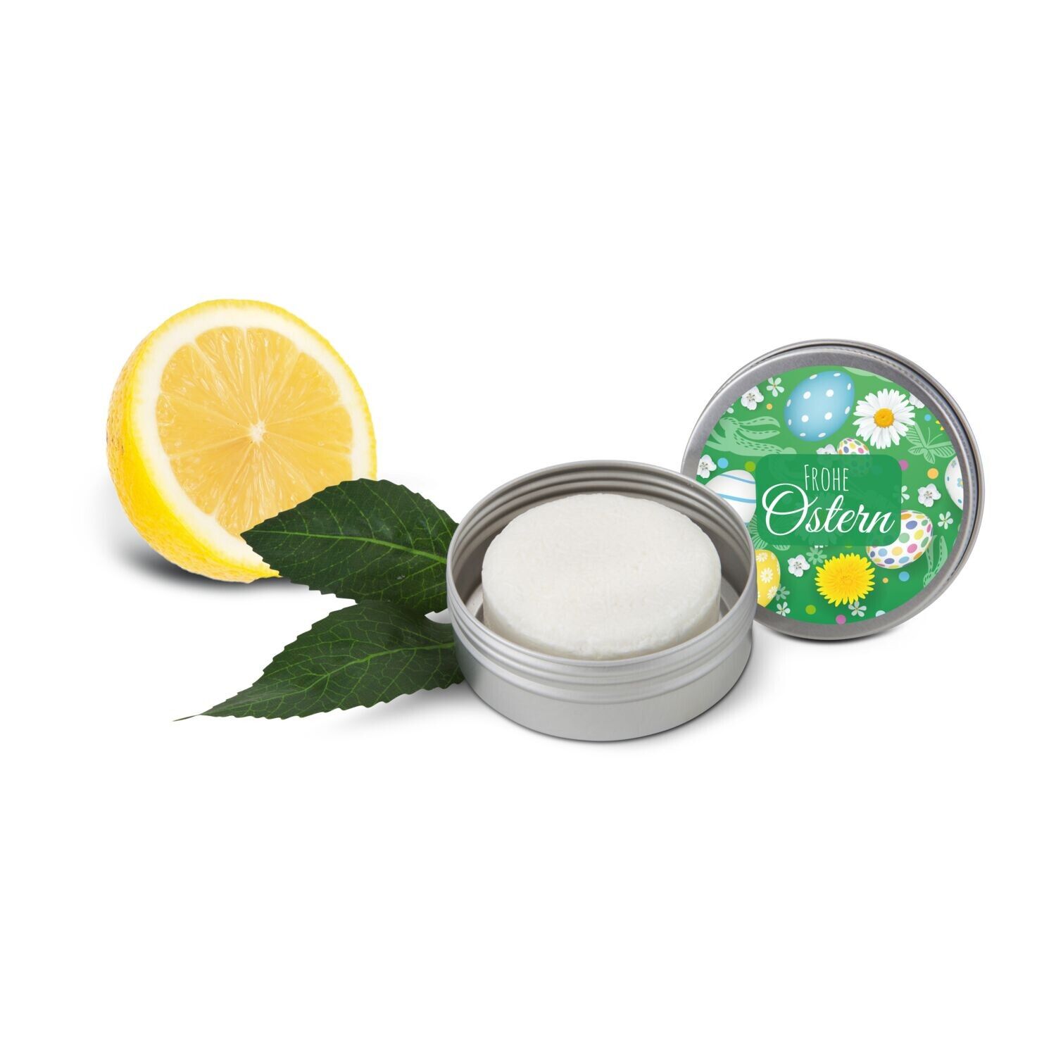Festes Shampoo Zitrone-Minze, Shampoo Bar 58 g in Metallbox mit Frohe Ostern-Motiv-15