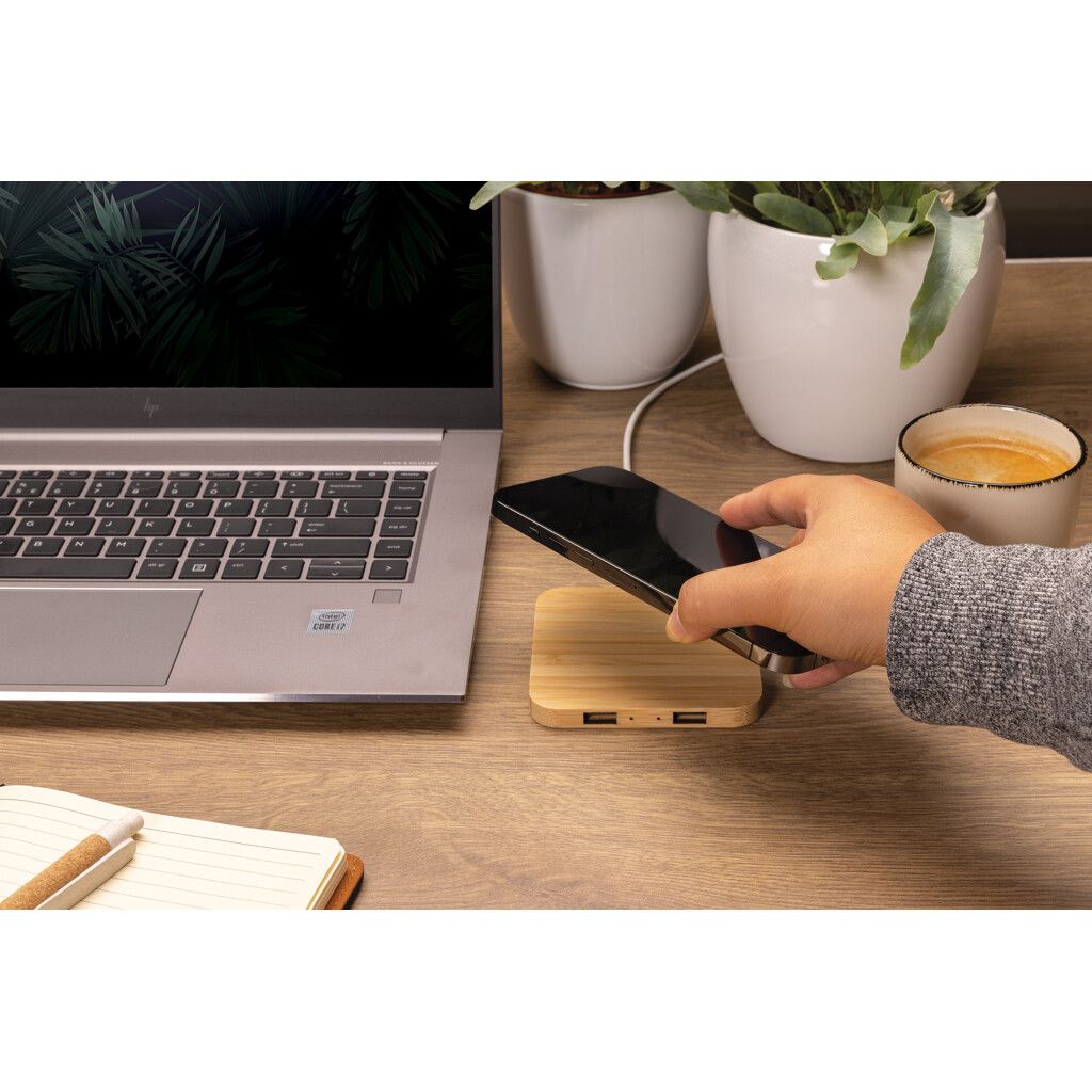 10W Wireless-Charger mit USB aus Bambus - braun-204