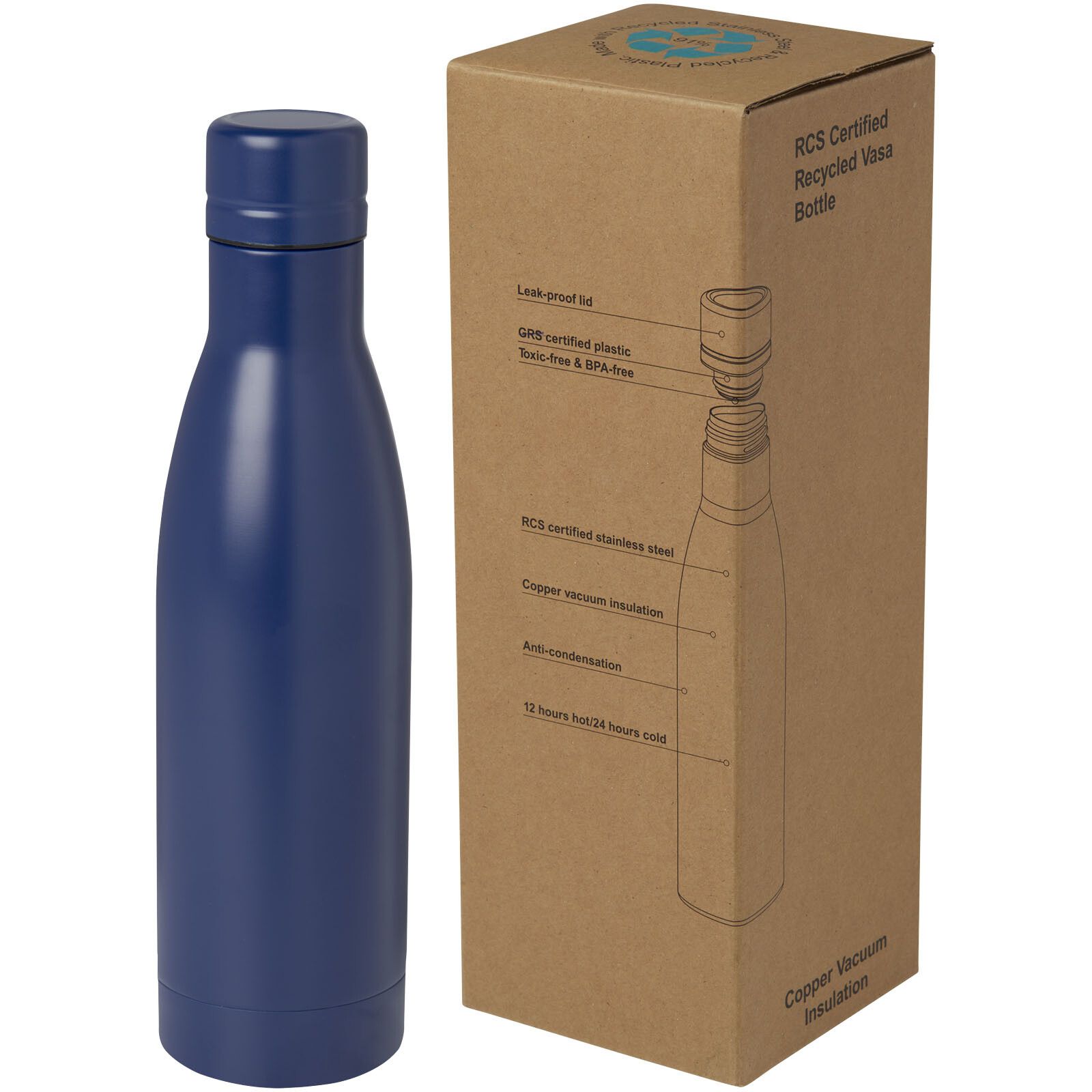 Vasa RCS-zertifizierte Kupfer-Vakuum Isolierflasche aus recyceltem Edelstahl, 500 ml - blau-818