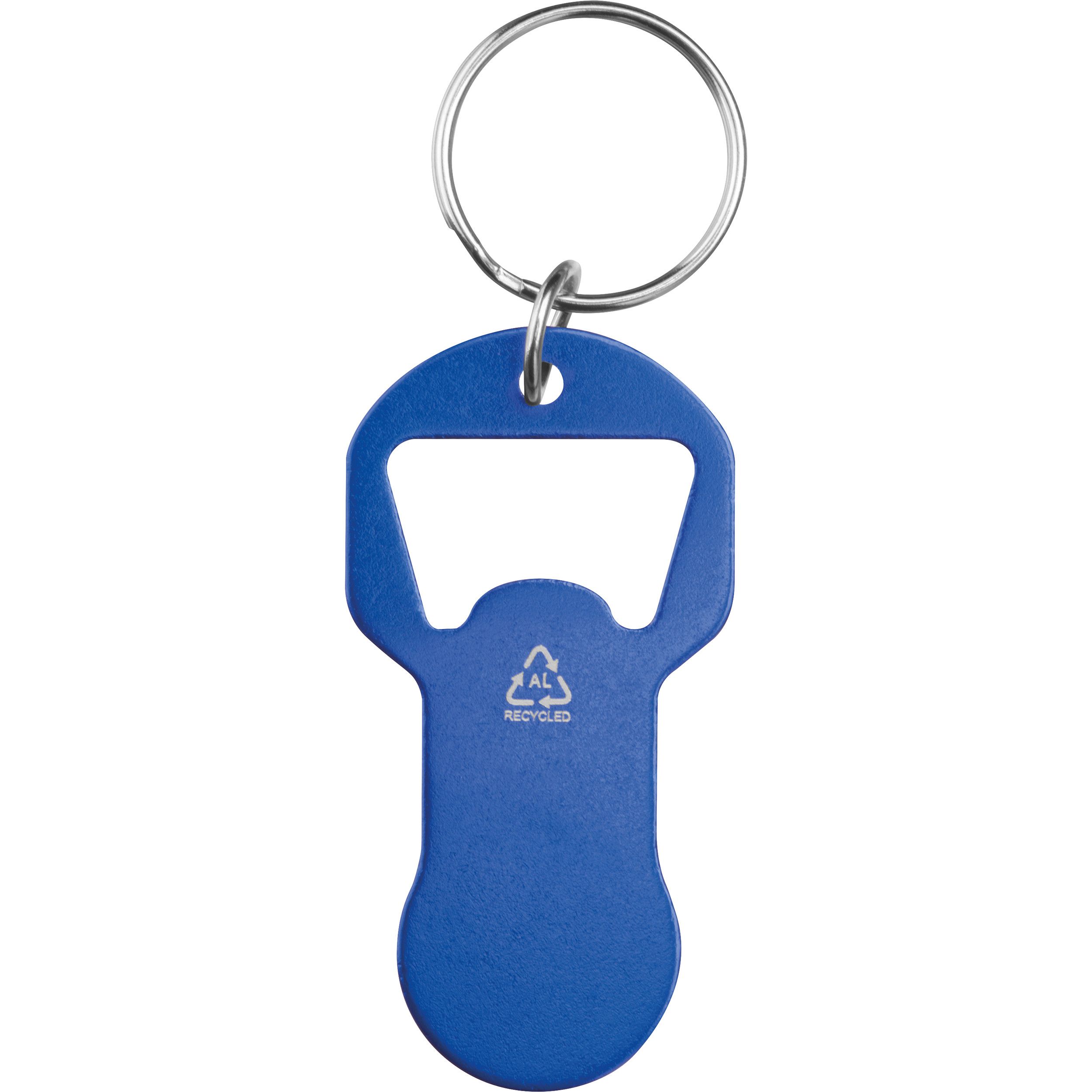 Recycelter Alu Schlüsselanhänger mit Einkaufswagenlöser und Flaschenöffner OLIVER  - blau-606